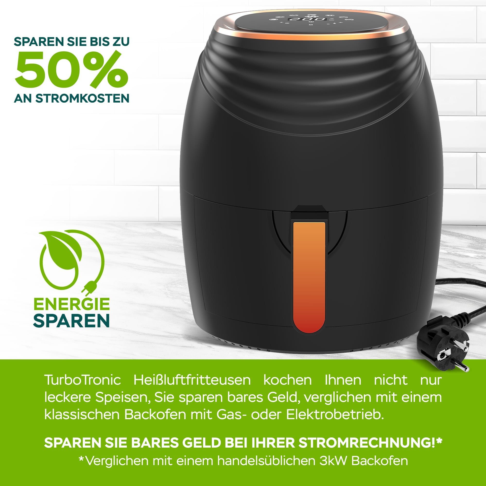 TurboTronic by Z-Line Heißluftfritteuse 3,5 Liter, 7 Programme, Fritteuse Fettfrei ohne Öl, 50°C 200°C Power, 1200 W, Camping Retro digital Airfryer AF11D