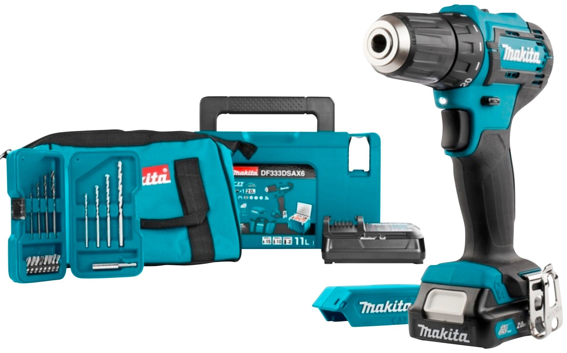 Makita Akku-Bohrschrauber DF333DSAX6 mit Akku 12V/2 Ah, Ladegerät, (Set), mit MAKPAC Kühlbox, 17-tlg. Bohrer-/ Bitset und Tragetasche
