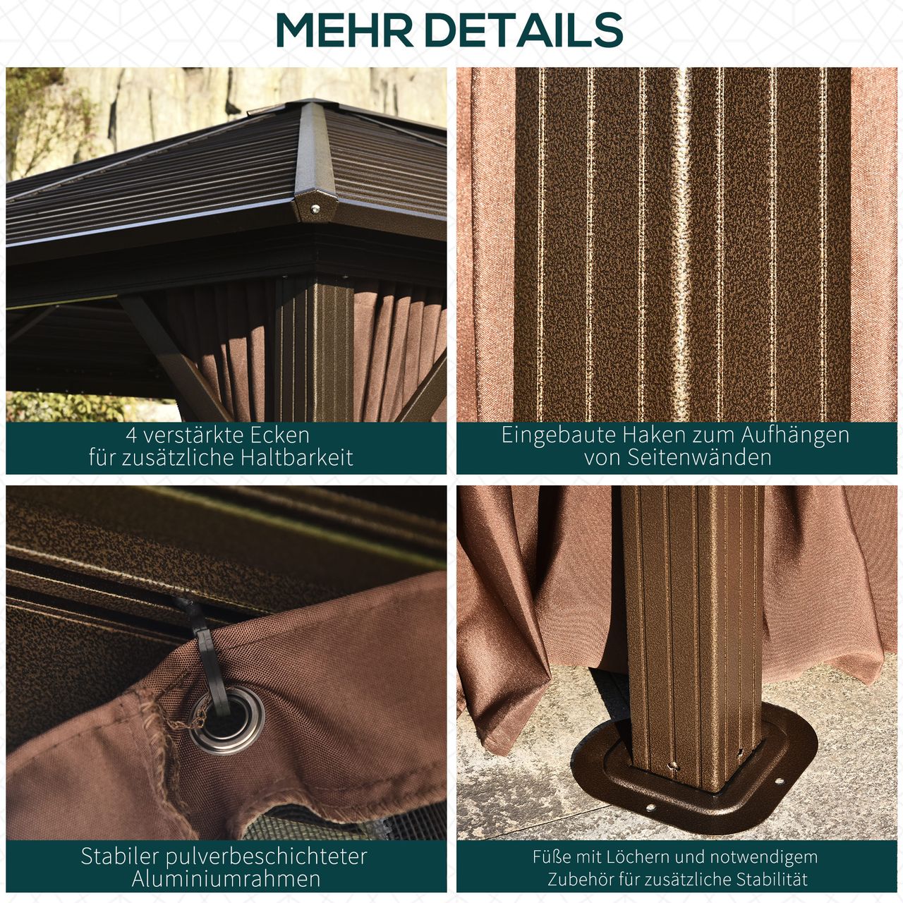 Outsunny Gartenpavillon Pavillon 300L x 365B x 262H cm Gartenzelt Festzelt Partyzelt mit 4 x Doppel-Seitenteilw wetterfest Aluminium Polyester Bronze