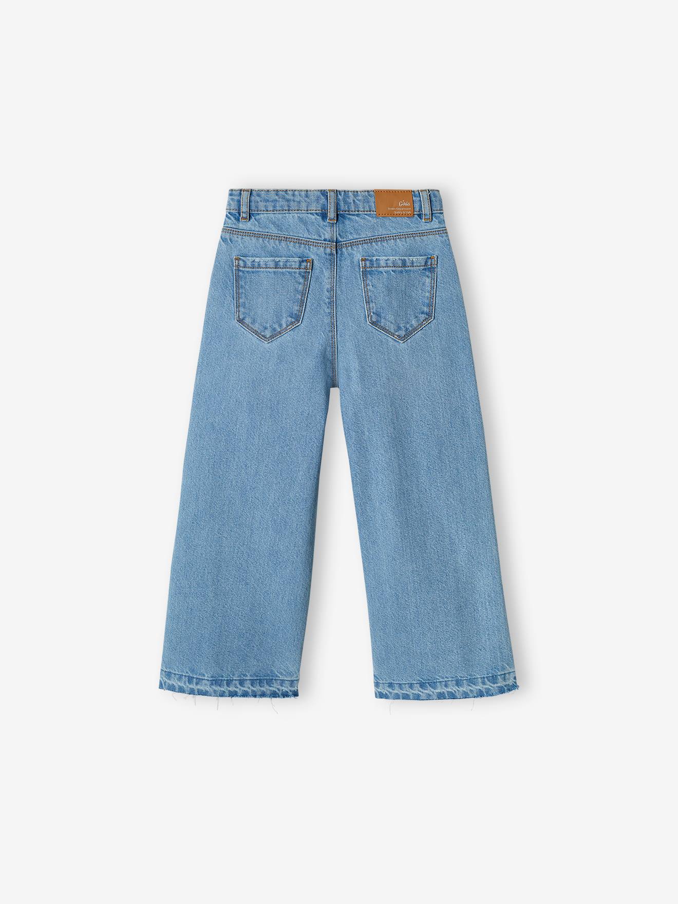 Jean large fille bas effiloché denim bleached