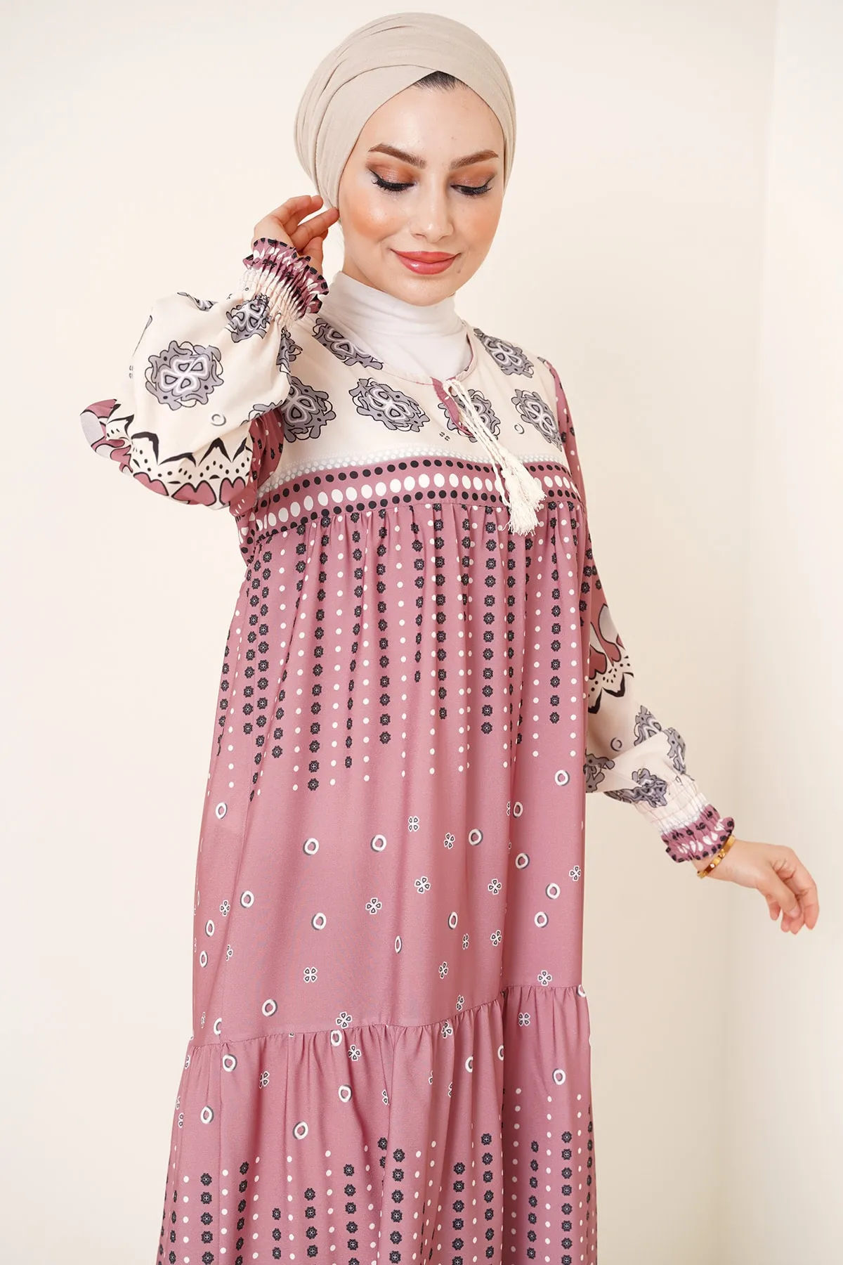 Bigdart  2175 Gemustertes Hijab-Kleid in voller Länge – Dusty Rose