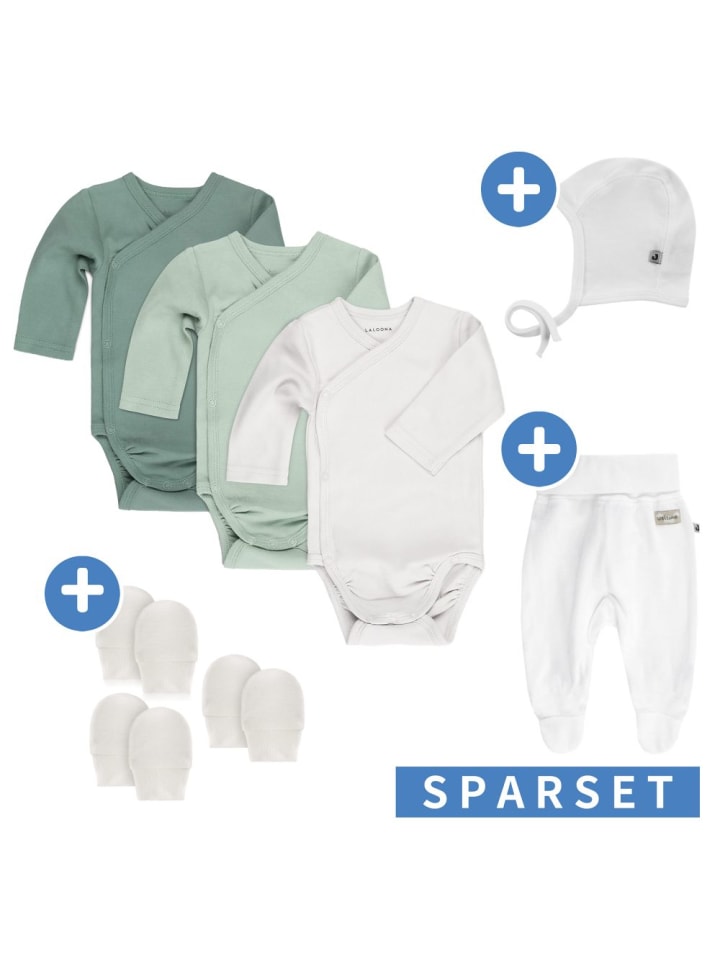 LaLoona 8-tlg. Wickelbody Set inkl. Strampelhose, Erstlingsmütze in gruen,weiss günstig kaufen onesize