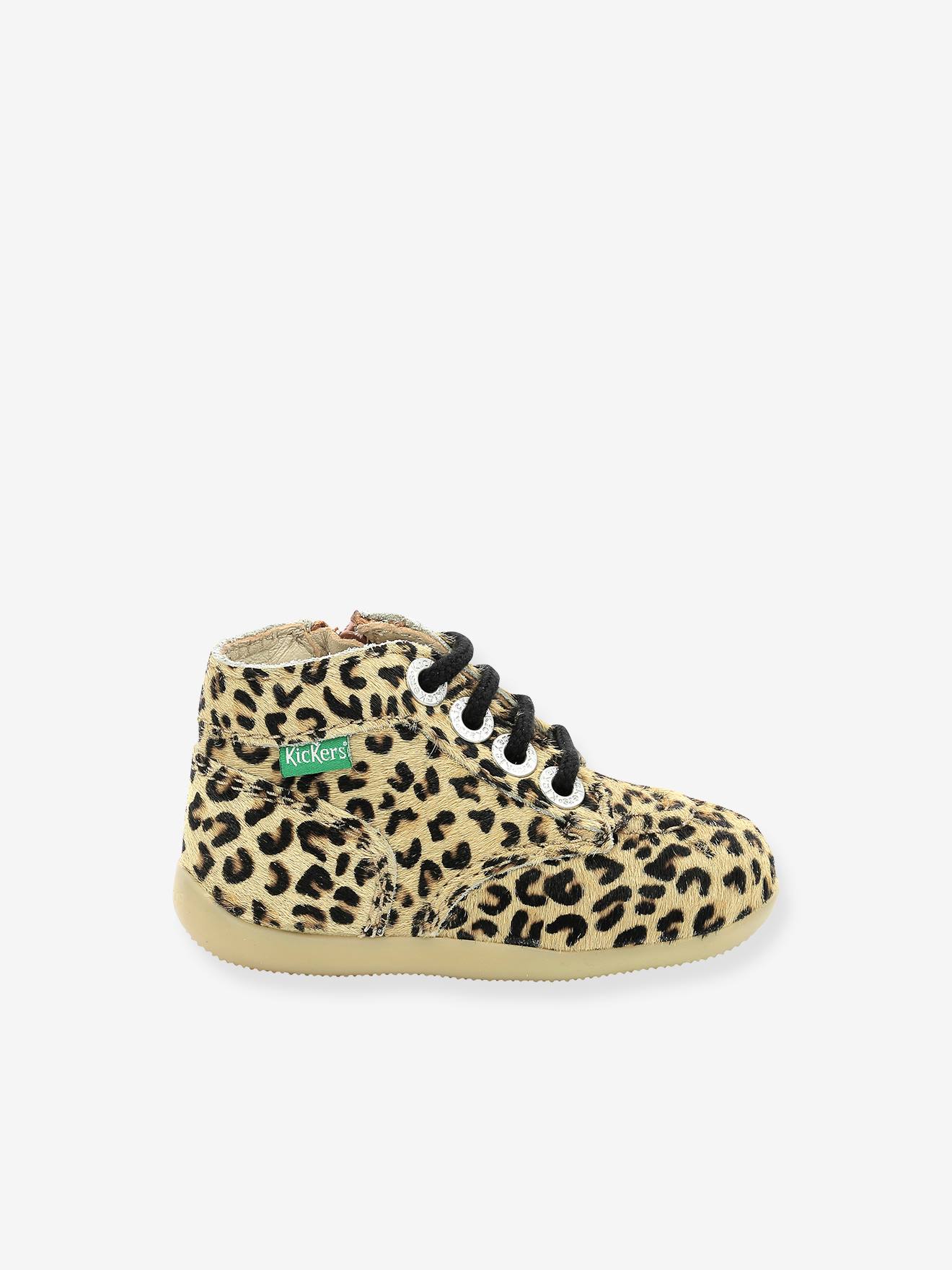 Bottillons cuir bébé fille Bonzip 2 KICKERS® 1ers pas beige imprimé