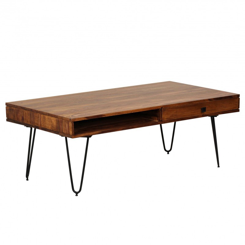 Wohnling Massivholz Sheesham Couchtisch 120 x 60 x 40 CM mit 2 Schubläden