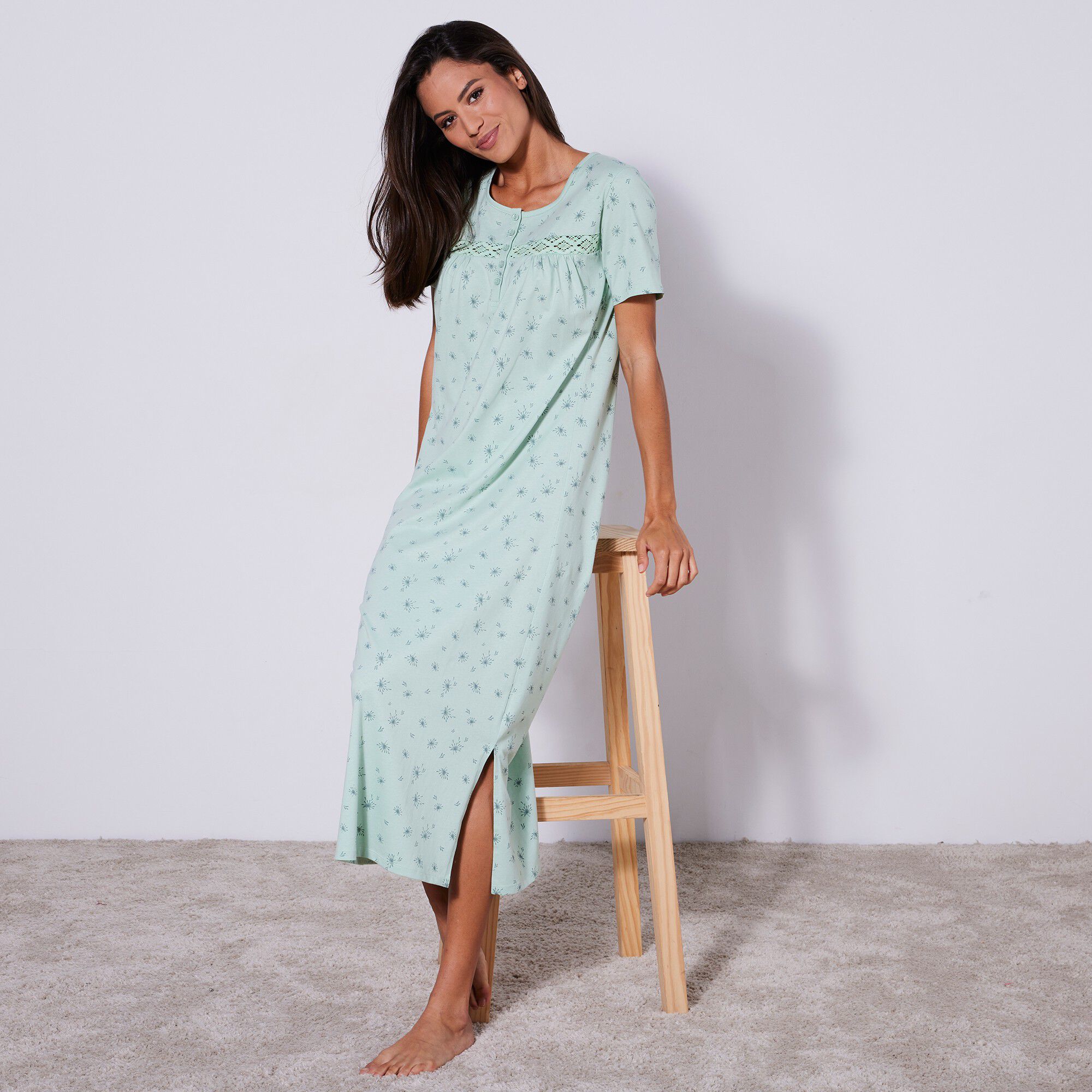 Chemise de nuit longue manches courtes imprimée 
