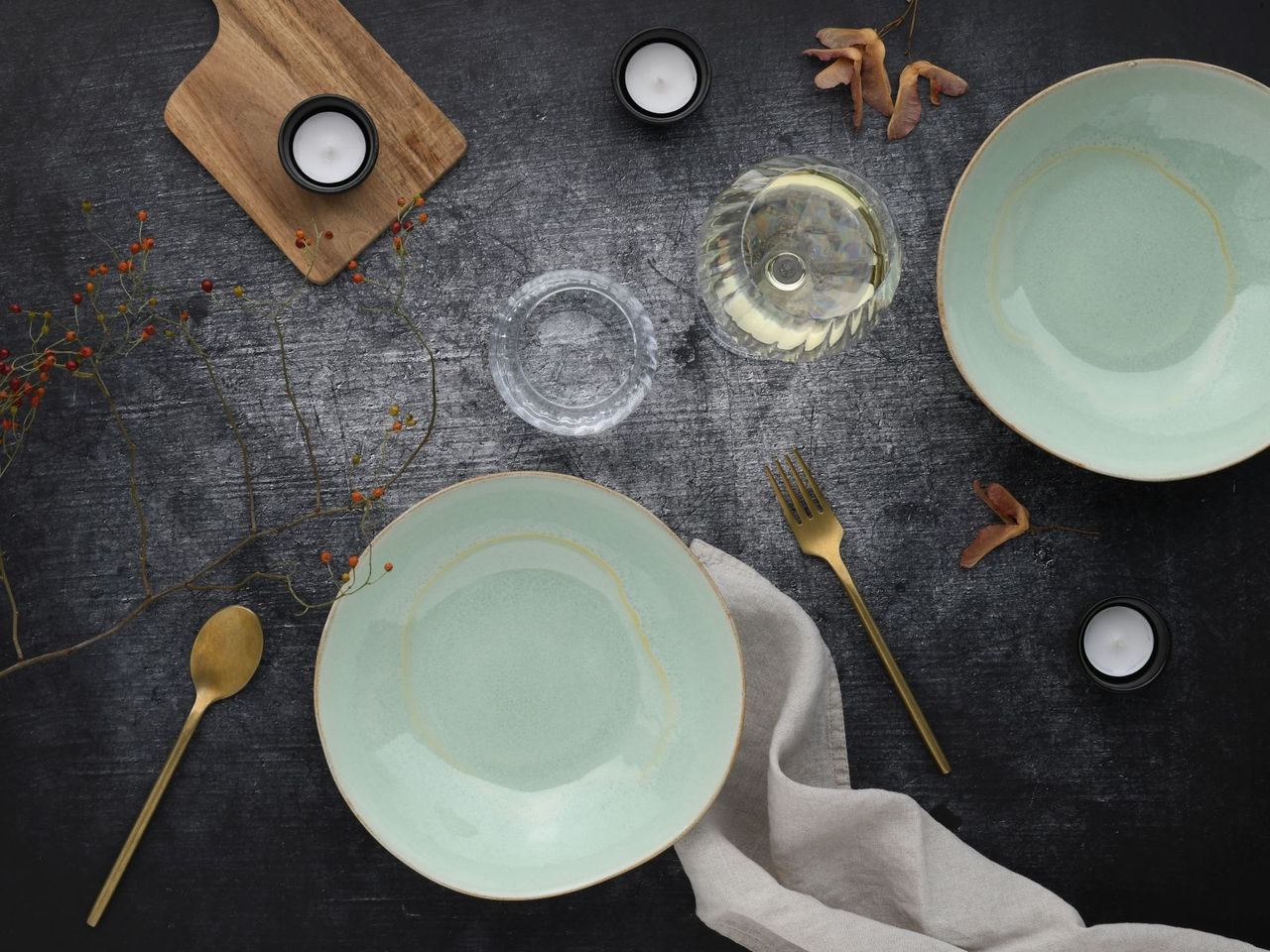 CreaTable Basalt Bowls, Salbei , 2-teiliges Geschirrset, Pastabowl Set aus Steinzeug