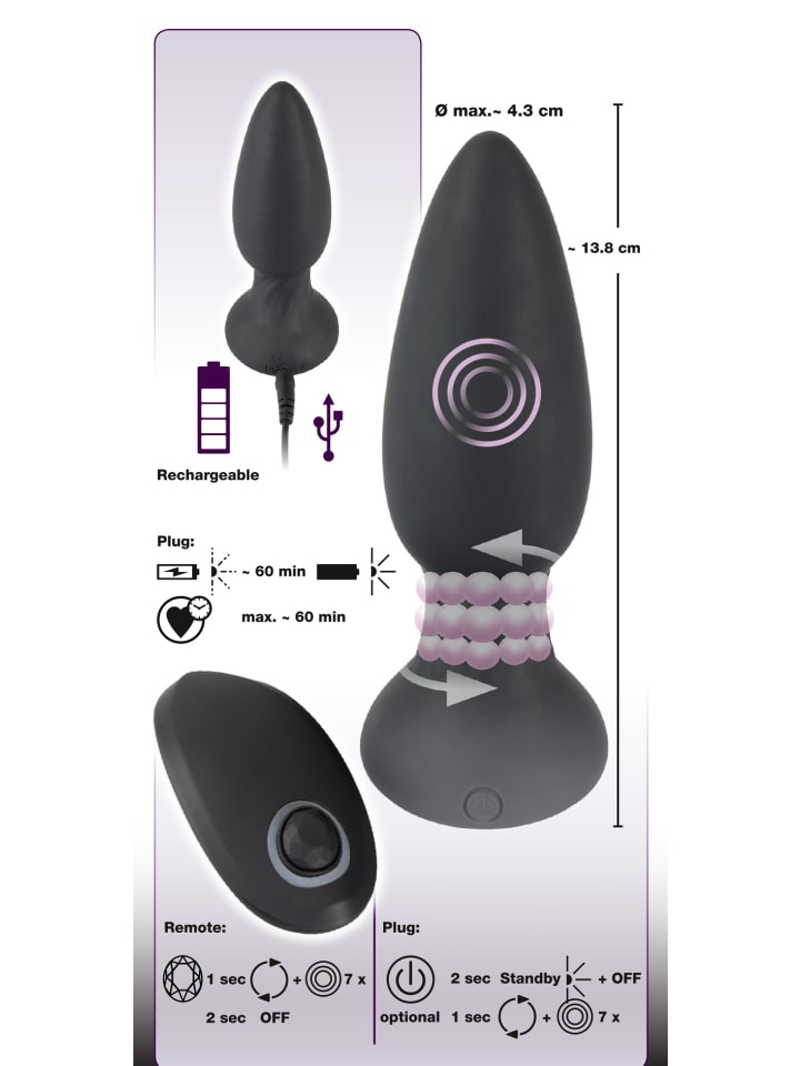 Black Velvets Analplug mit Rotation Remote controlled rotating & vibrating plug in schwarz günstig kaufen 13,5 cm