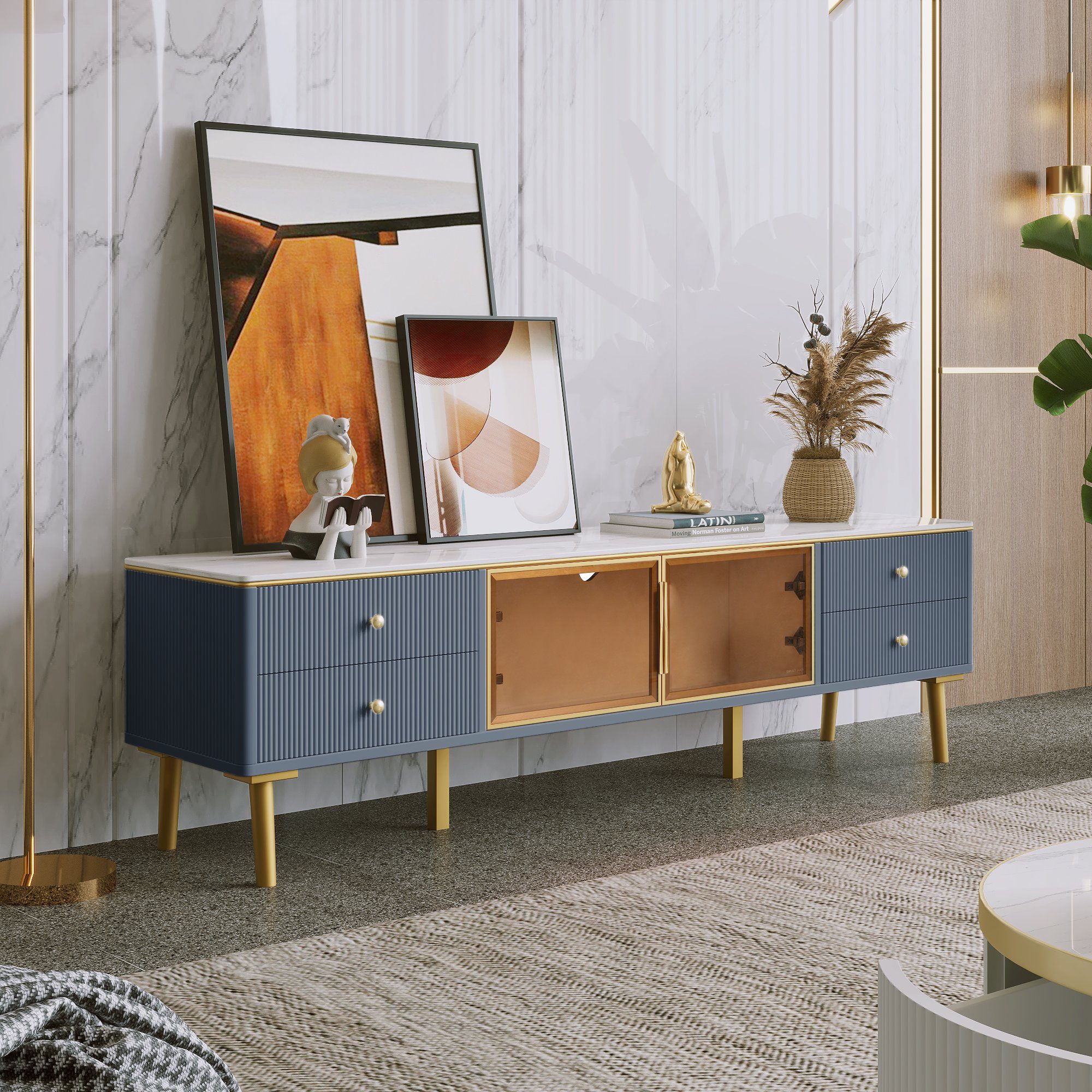 OKWISH TV-Schrank TV Schrank in Mamoroptik,Modernes TV-Lowboard für Wohnzimmer (4 Strukturierte Schubladen mit Goldenen Griffen, und zwei Braune Türen aus Gehärtetem Glas) für Wohnzimmer, 170*37*47,5cm
