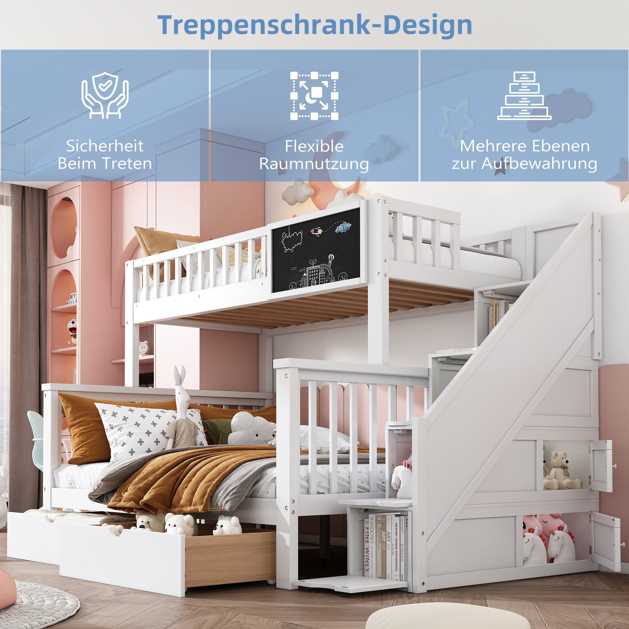 REDOM Etagenbett Kinderbett, mit Tafel Treppe Schubladen 90x200cm+140x200cm