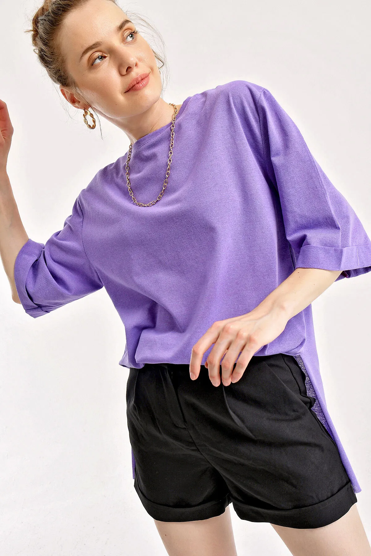 Bigdart  4123 Geschlitztes Oversize-T-Shirt – Lila