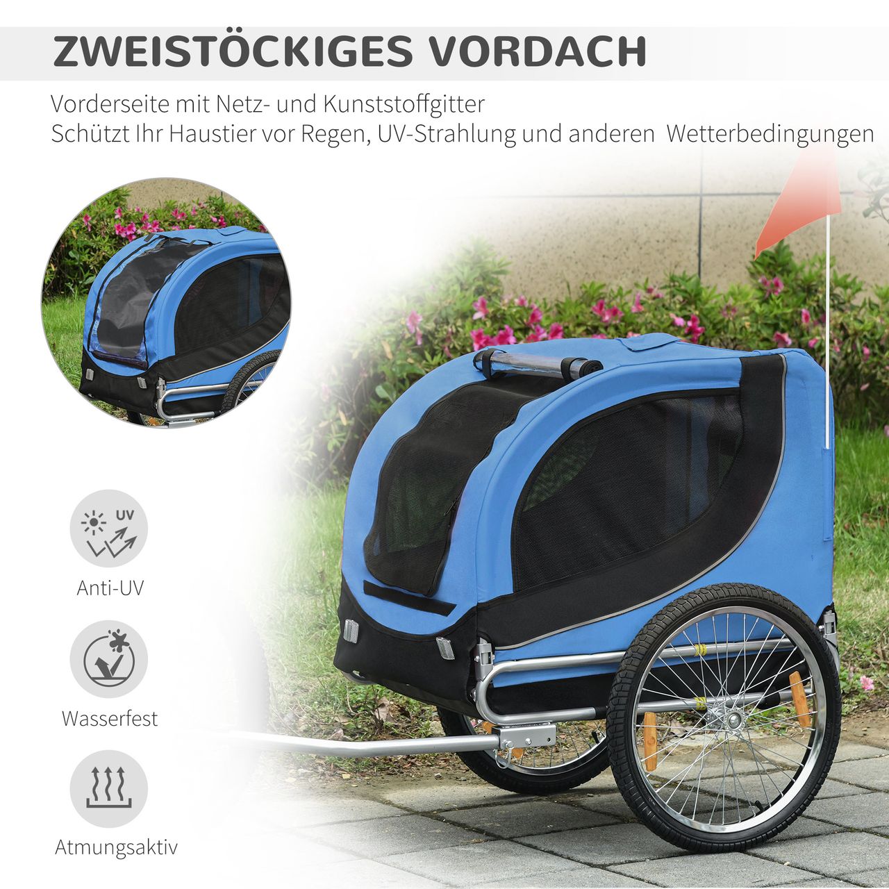 PawHut Fahrradanhänger Hundeanhänger Hunde Fahrrad Tier Anhänger Blau Schwarz