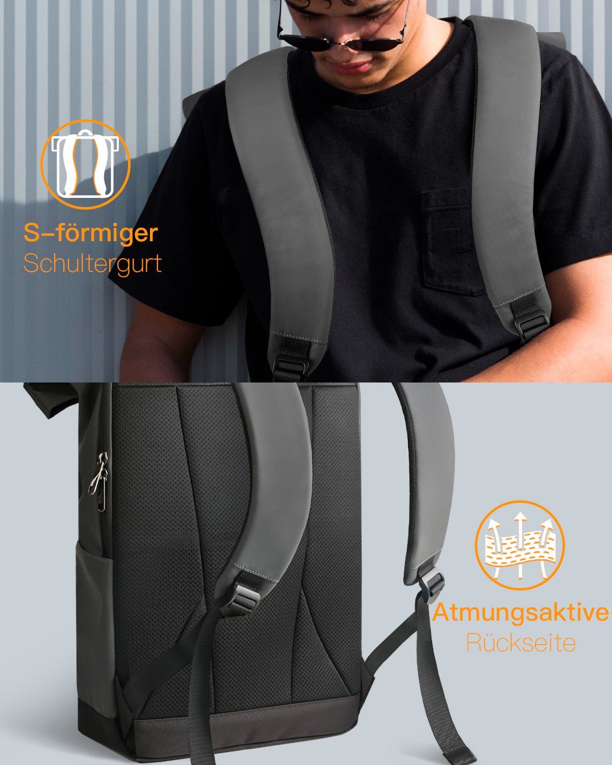 Inateck Laptoprucksack RollTop Rucksack Herren Damen Schulrucksack 25L-30L