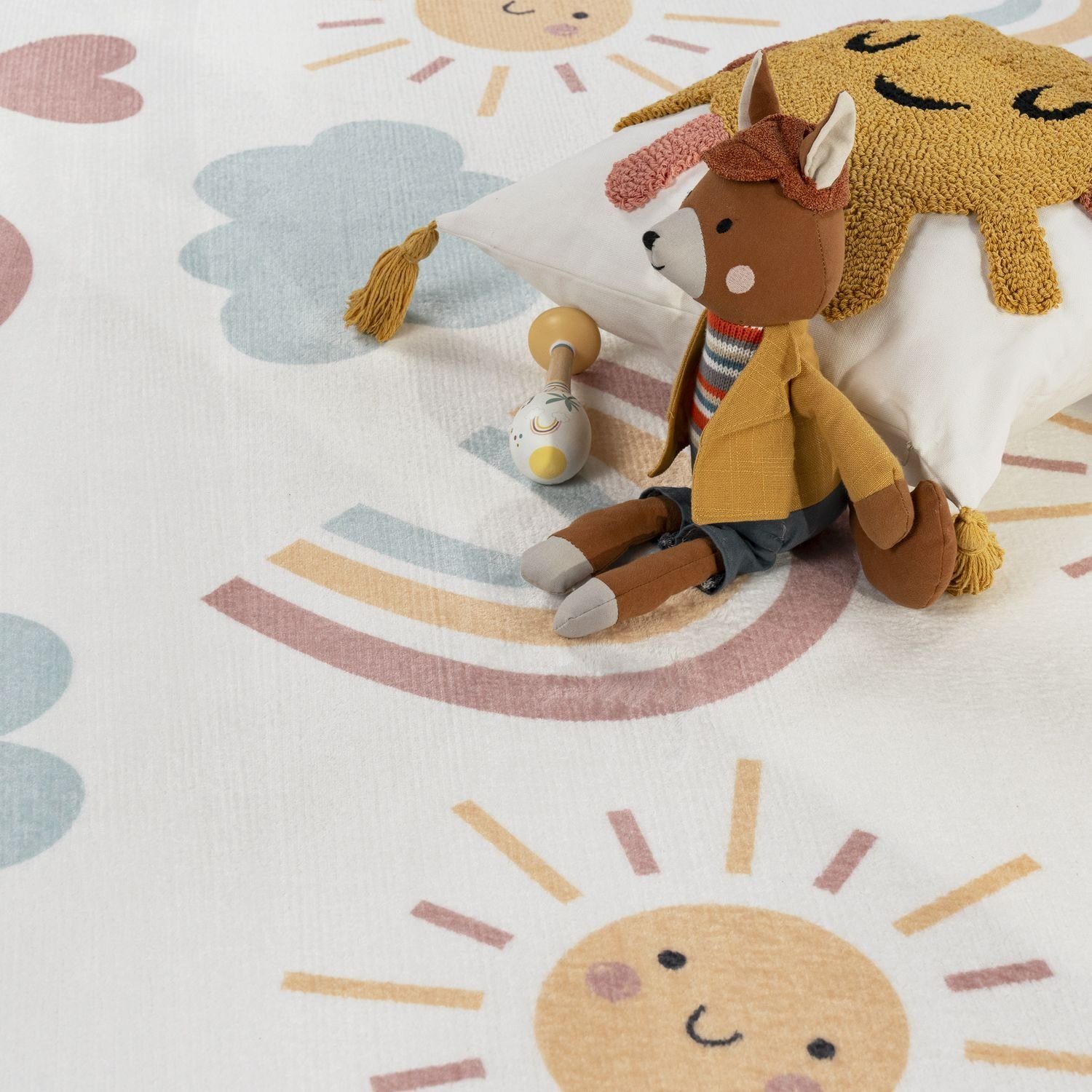 Kinderteppich Kinderzimmer Kinderteppich Spielmatte Punkte Regenbogen Sonne Planet, TT Home, rechteckig, Höhe: 24 mm