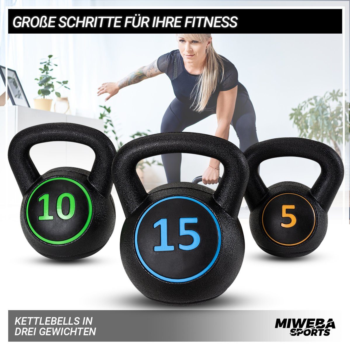 Miweba Sports Kettlebell Premium Kettlebell Set inkl. Ablage, 5/10/15 Lbs, (Schwunghantel - Hantelset Indoor & Outdoor - Krafttraining Workout Kugelgewicht Übungsseil, Total 13,8 Kg, 2.3/4.6/6.9Kg), Fitness Seil Kurzhantel Hanteln Gewichte Kugelhante