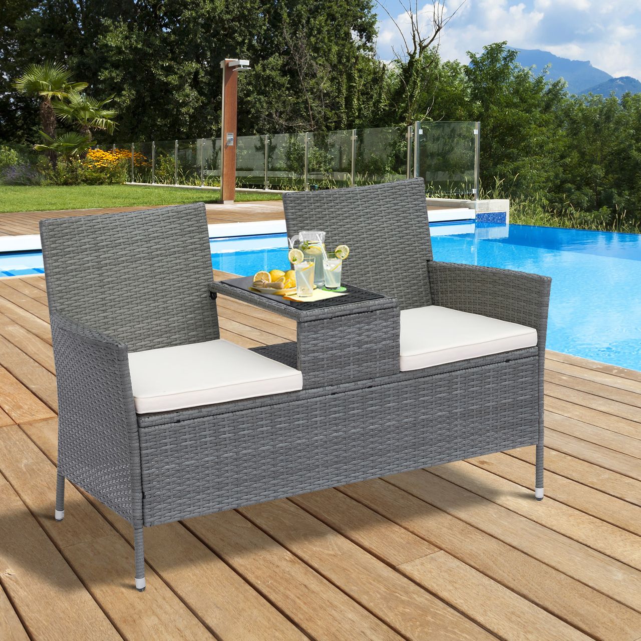 Outsunny Polyrattan Gartenbank Gartensofa Sitzbank mit Tisch 2-Sitzer Stahl Grau