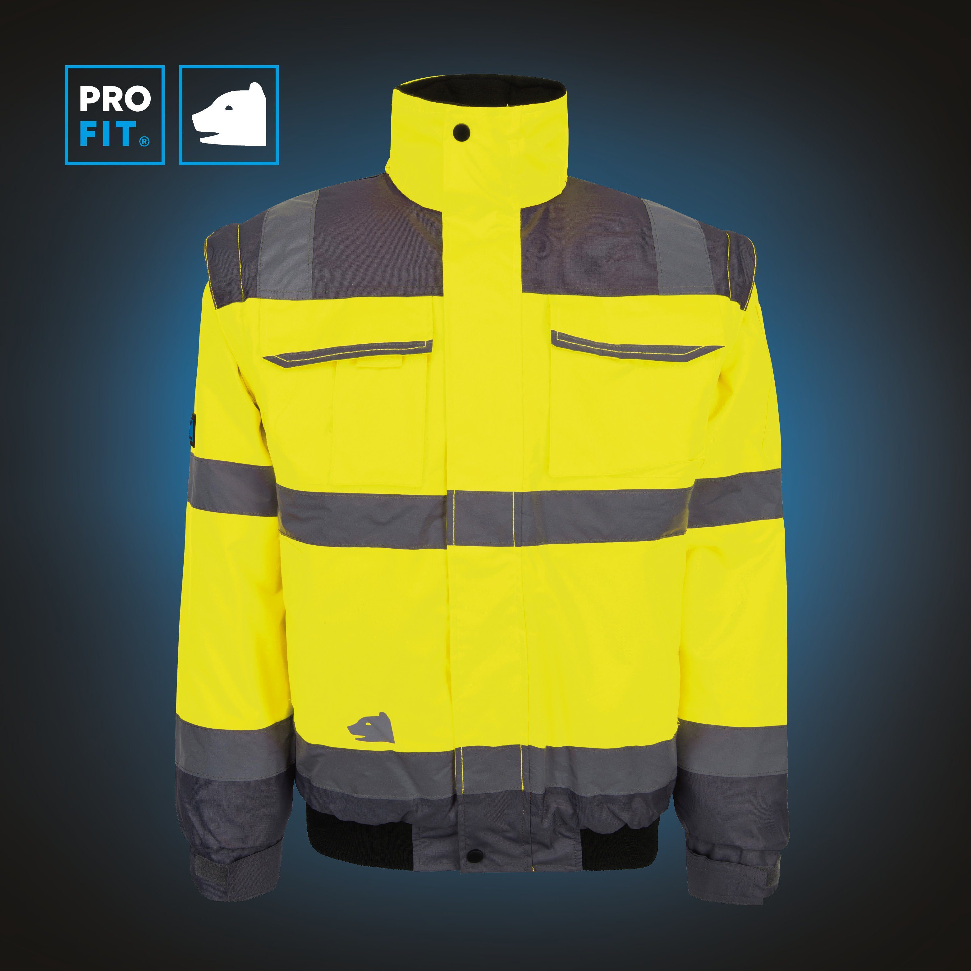PRO FIT by Fitzner Arbeitsjacke Warnschutz Pilotenjacke Neongelb/Grau (1-St) Winddicht, Wasserdicht, Reflektionsstreifen, Kapuze im Kragen