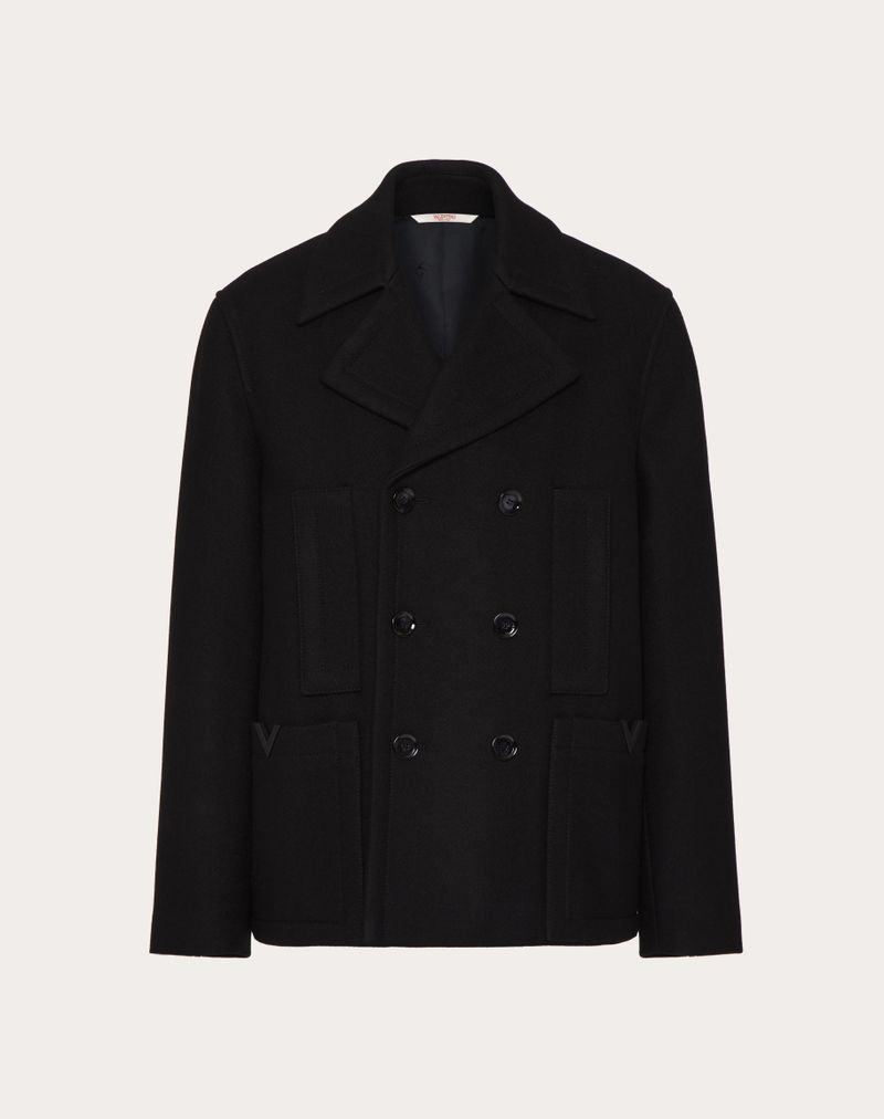 PEACOAT I TEKNISK ULDSTOF MED GUMMI V-DETALJER