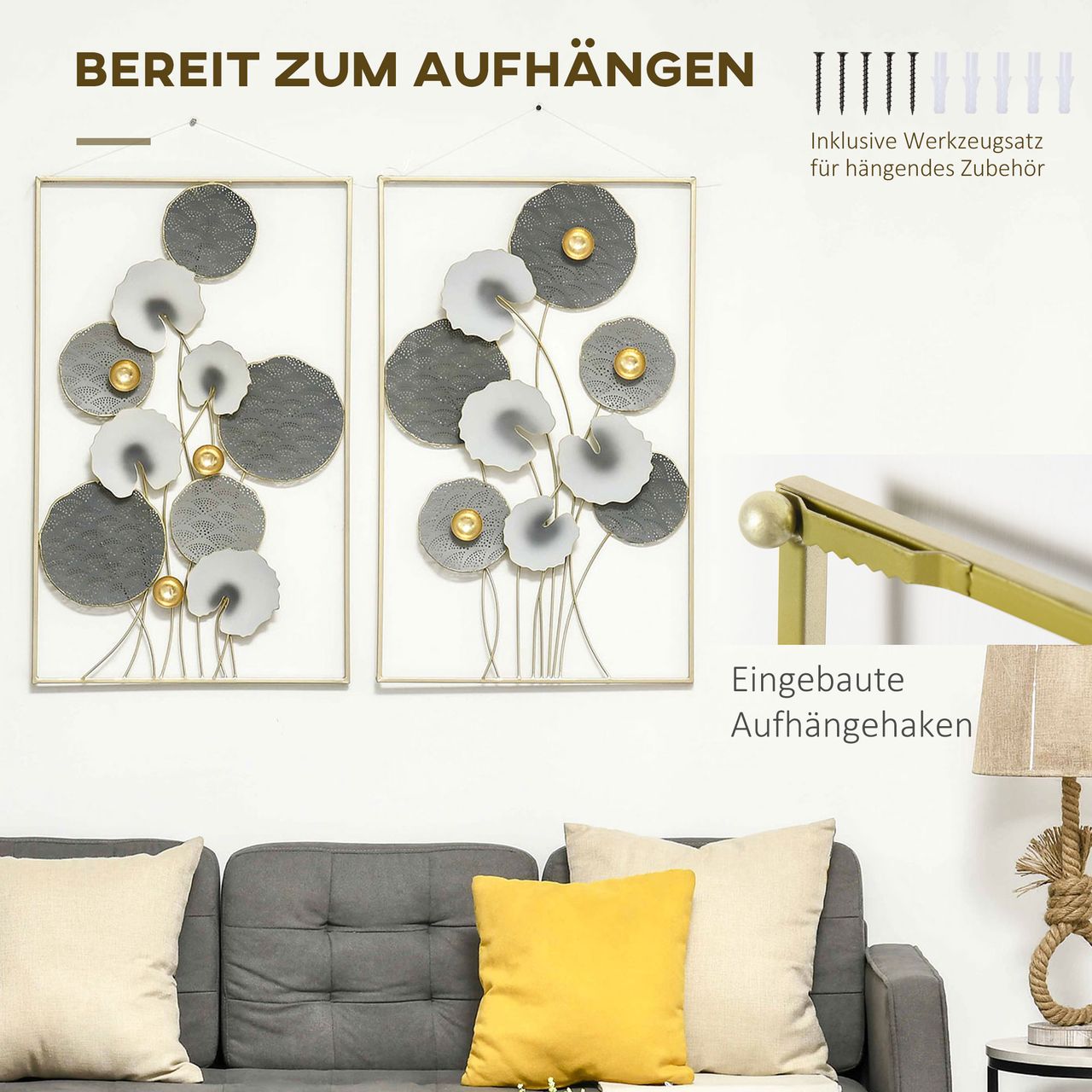 HOMCOM 2-Set 3D-Wandbild aus Metall Grau 50 x 80 cm