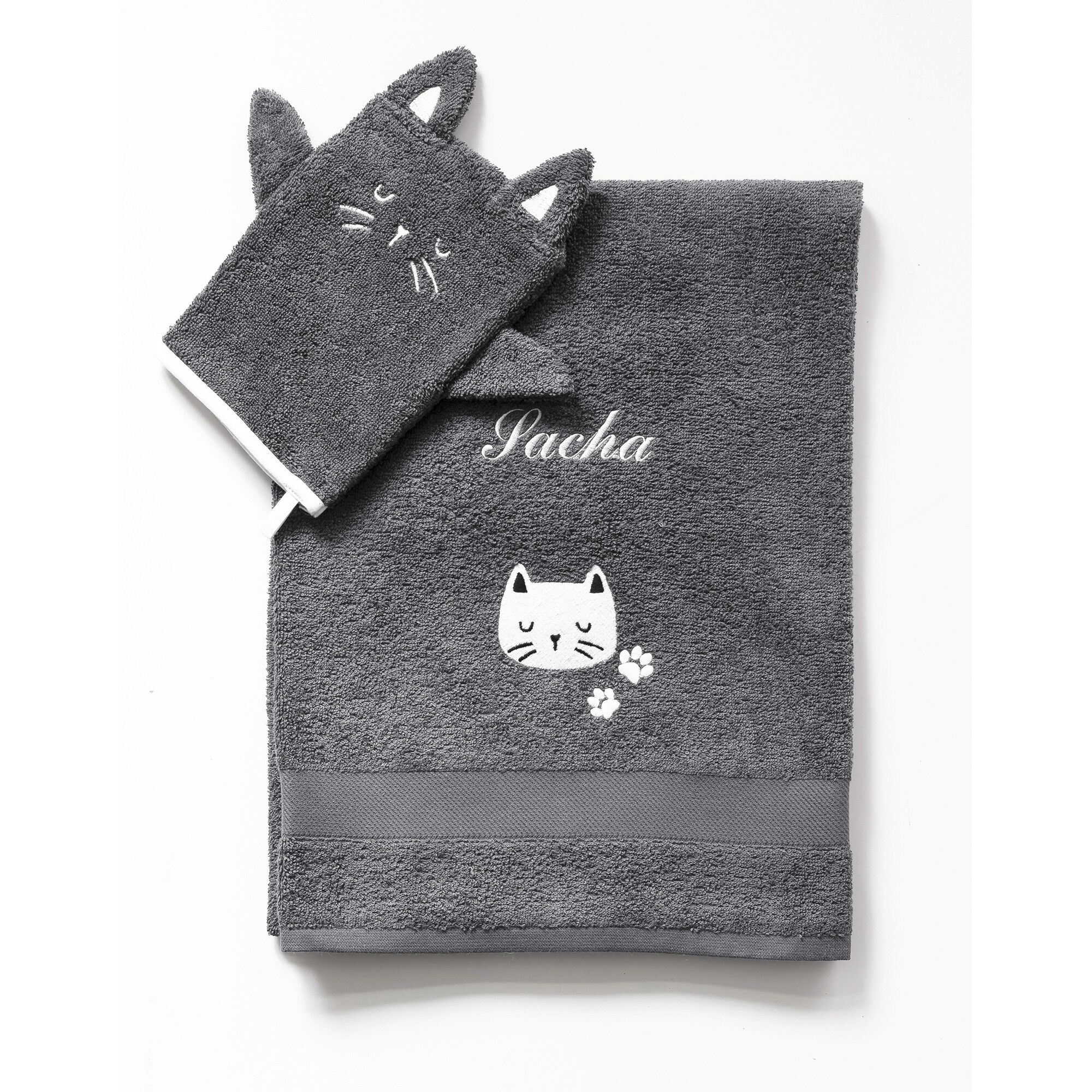Collection éponge enfant brodée chat personnalisable coton