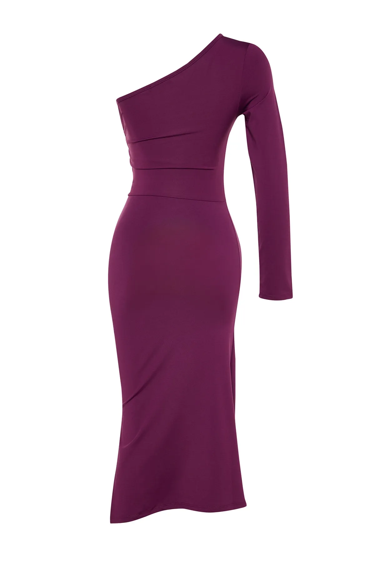 Trendyol Collection  Lilafarbenes Midi-Strickkleid mit asymmetrischem Kragen und einem Ärmel, gerafft und figurbetont TWOAW24EL00172