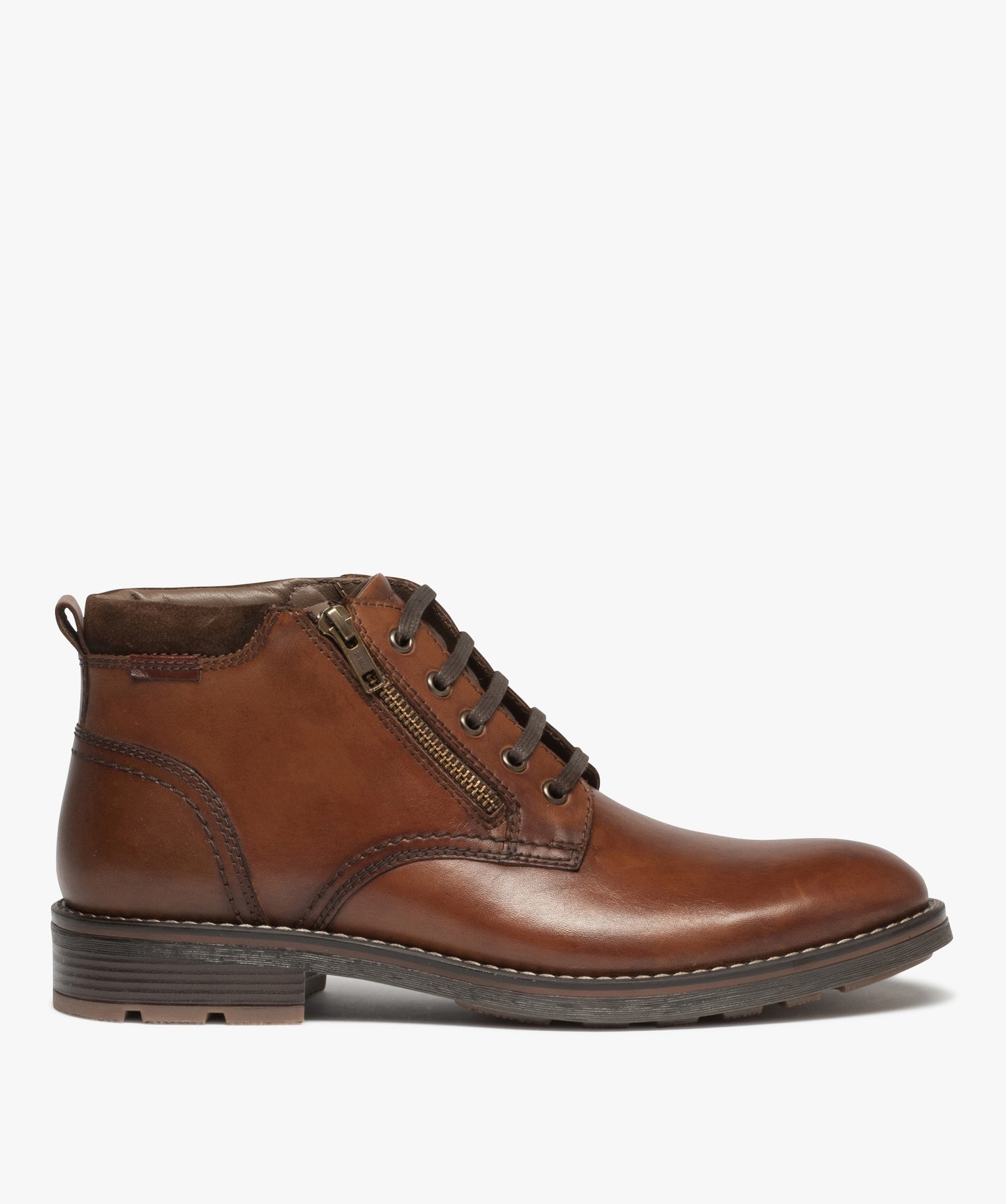 Boots homme casual en cuir uni à zip et à lacets marron | GEMO