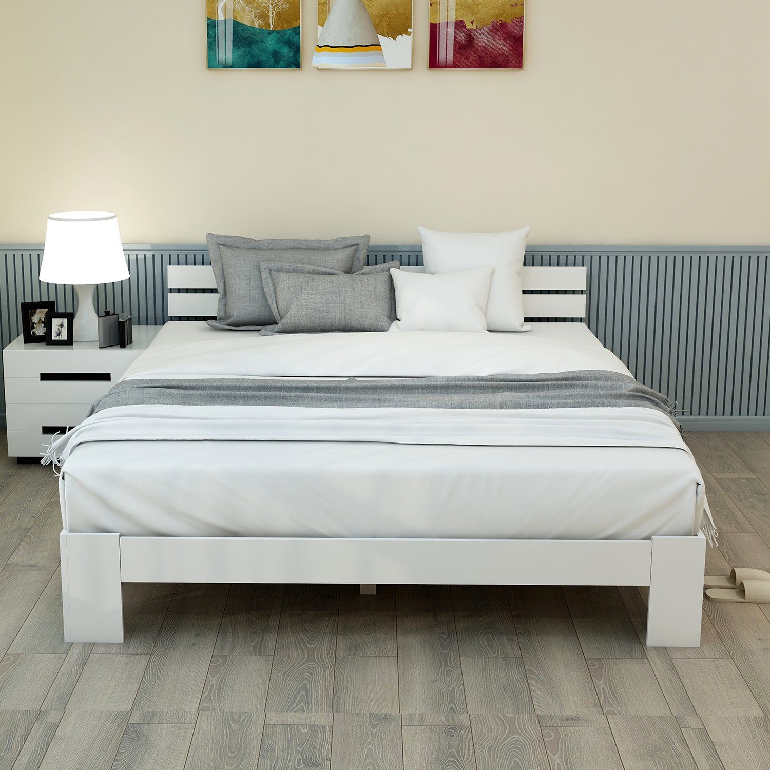 WISHDOR Holzbett Doppelbett Holz Bett Kinderbett Jugendbett Massivholzbett 140x200 cm (ohne Matratze Massivholzbett Bettgestell mit Lattenrosten mit Kopfteil), FSC Massiv Massivholz Kieferbett