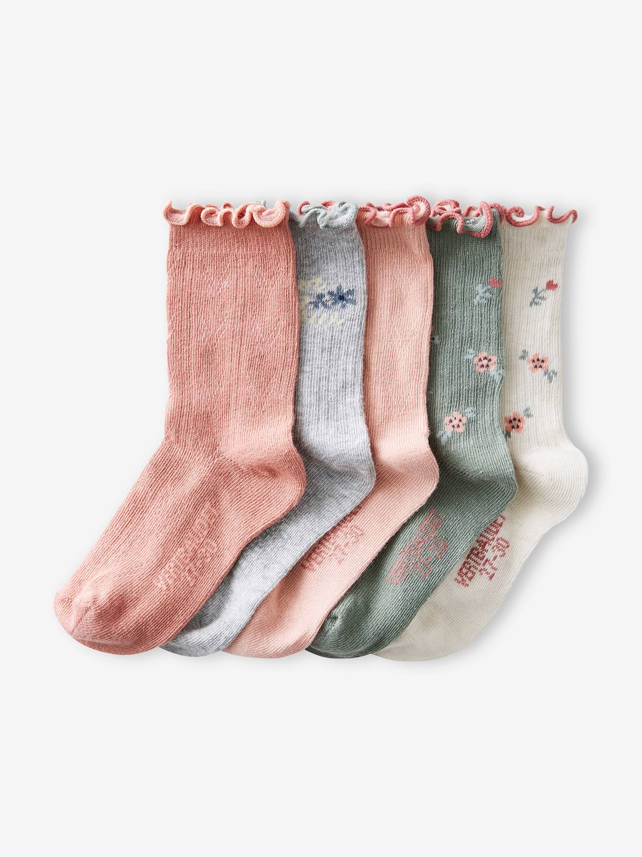 Lot de 5 paires de chaussettes maille côtelée/ajourée fille rose bonbon