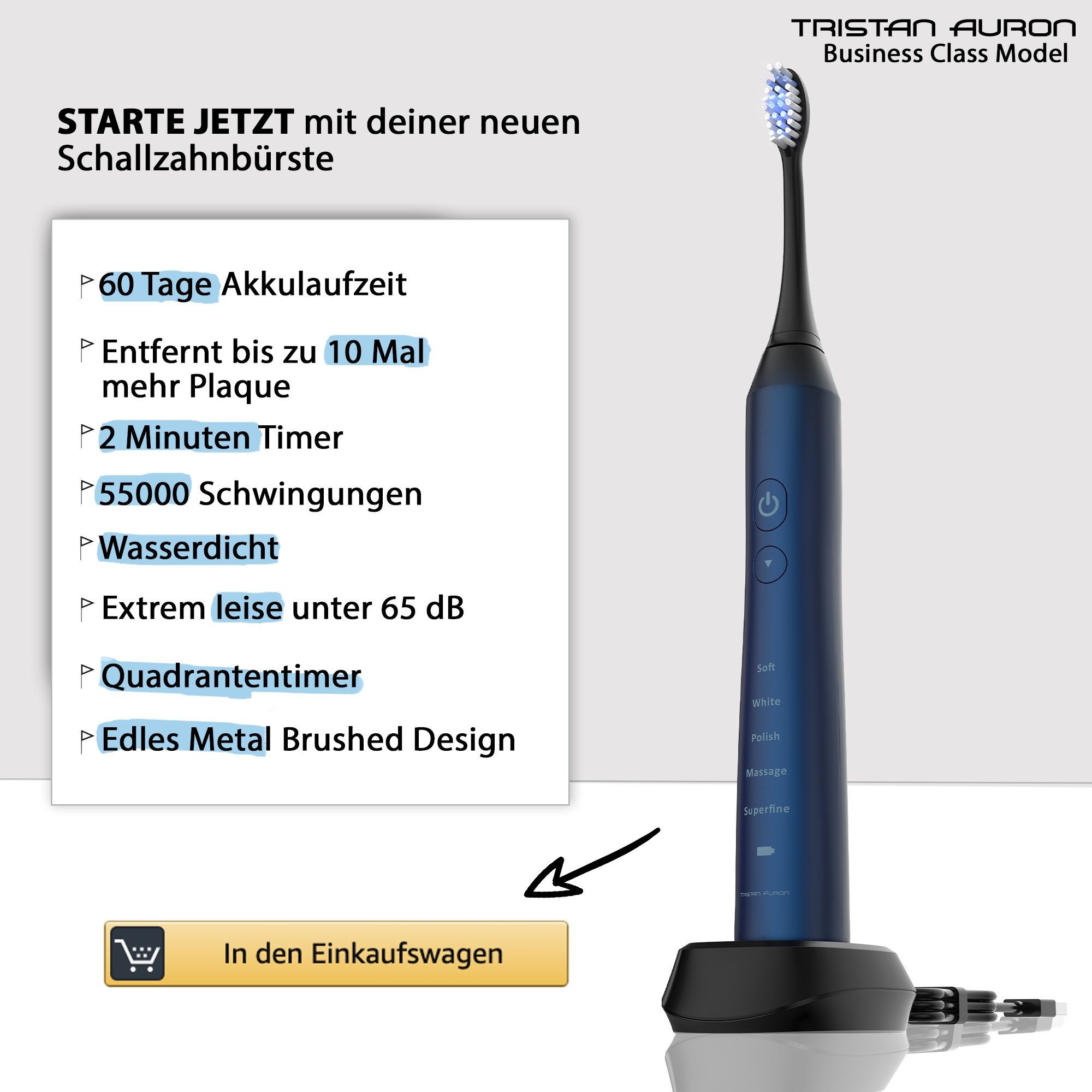 Tristan Auron Elektrische Zahnbürste Tristan Auron Doppelpack 55000 VPN 60 Tage Akku 2 Min Timer, Aufsteckbürsten: 4 St.