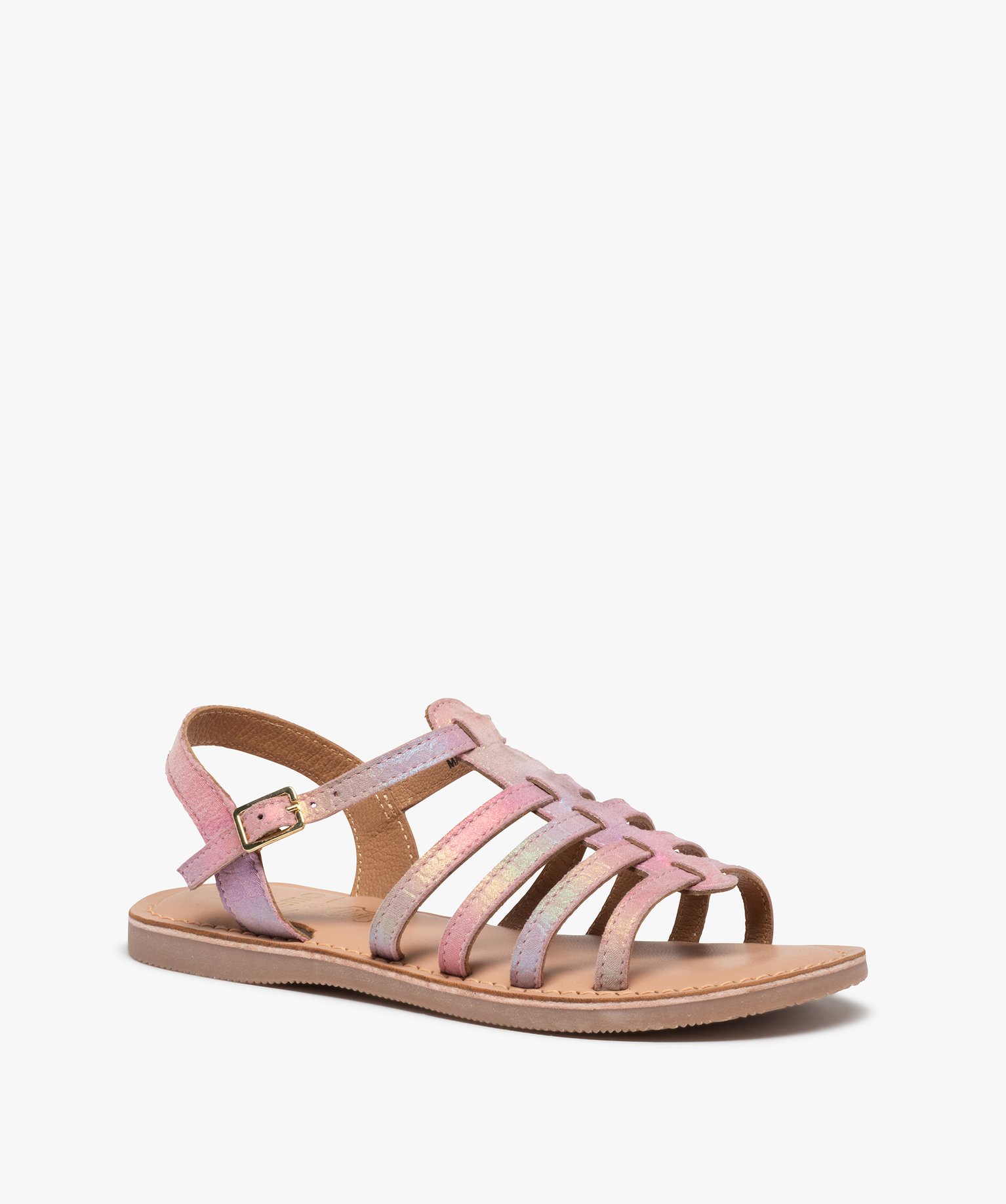 Sandales fille à brides multiples en cuir reflets irisés rose | GEMO
