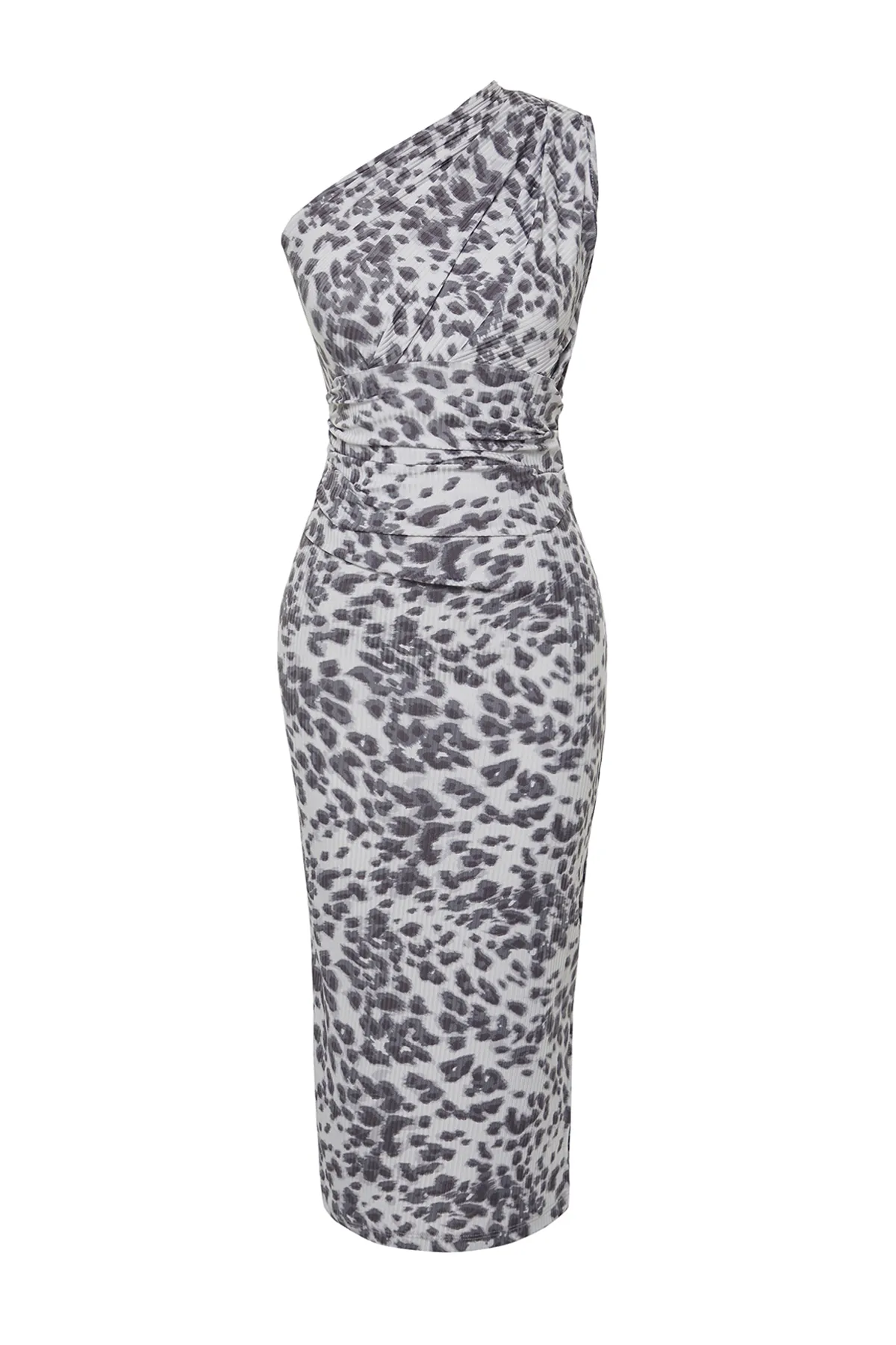 Trendyol Collection  Graues, figurbetontes One-Shoulder-Midi-Bleistiftkleid aus Strick mit asymmetrischer Raffung und Leopardenmuster TWOSS23EL02182