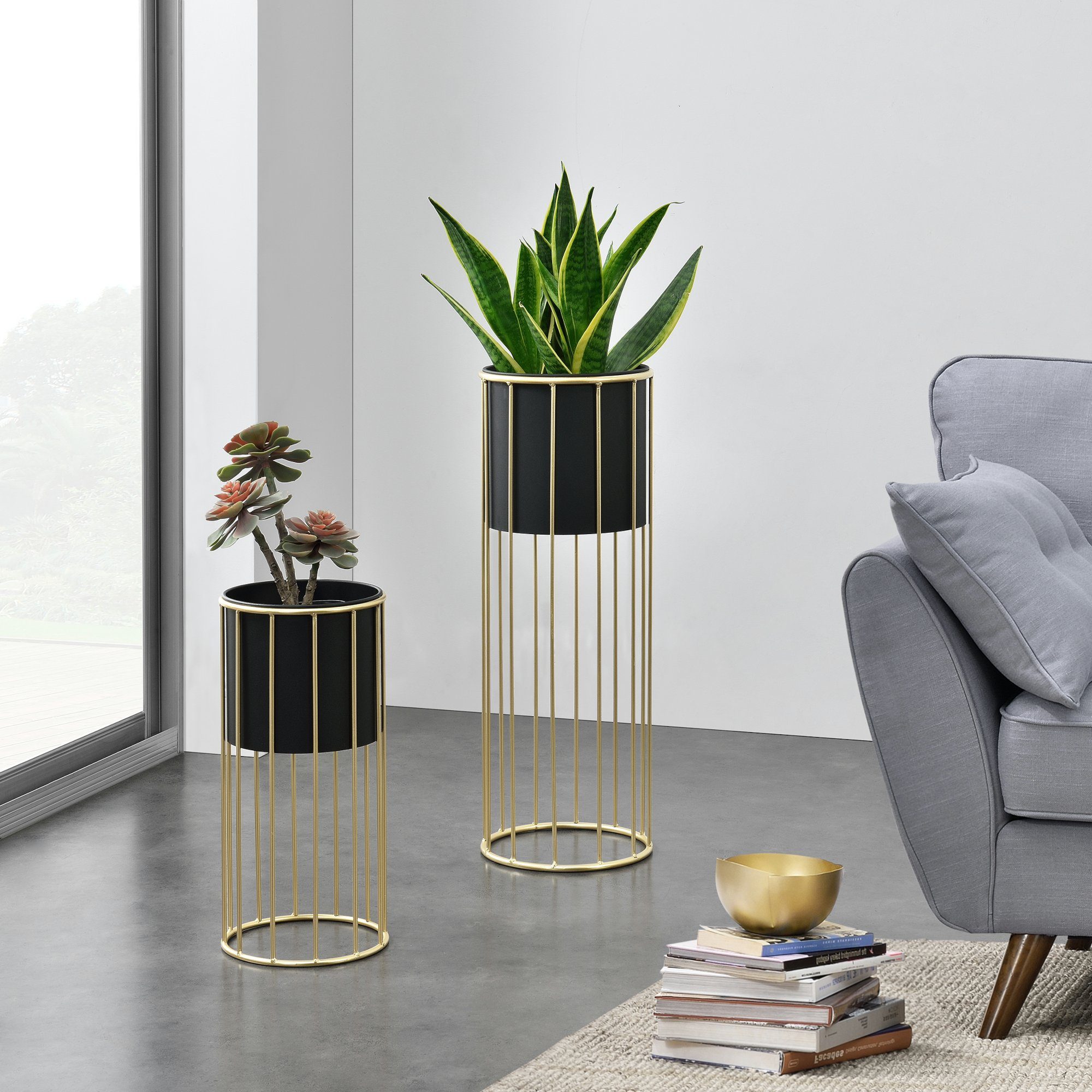 en.casa Blumenständer (Set, 2er), Mortsel Pflanzenständer 2er Set Metall Schwarz/Goldfarben