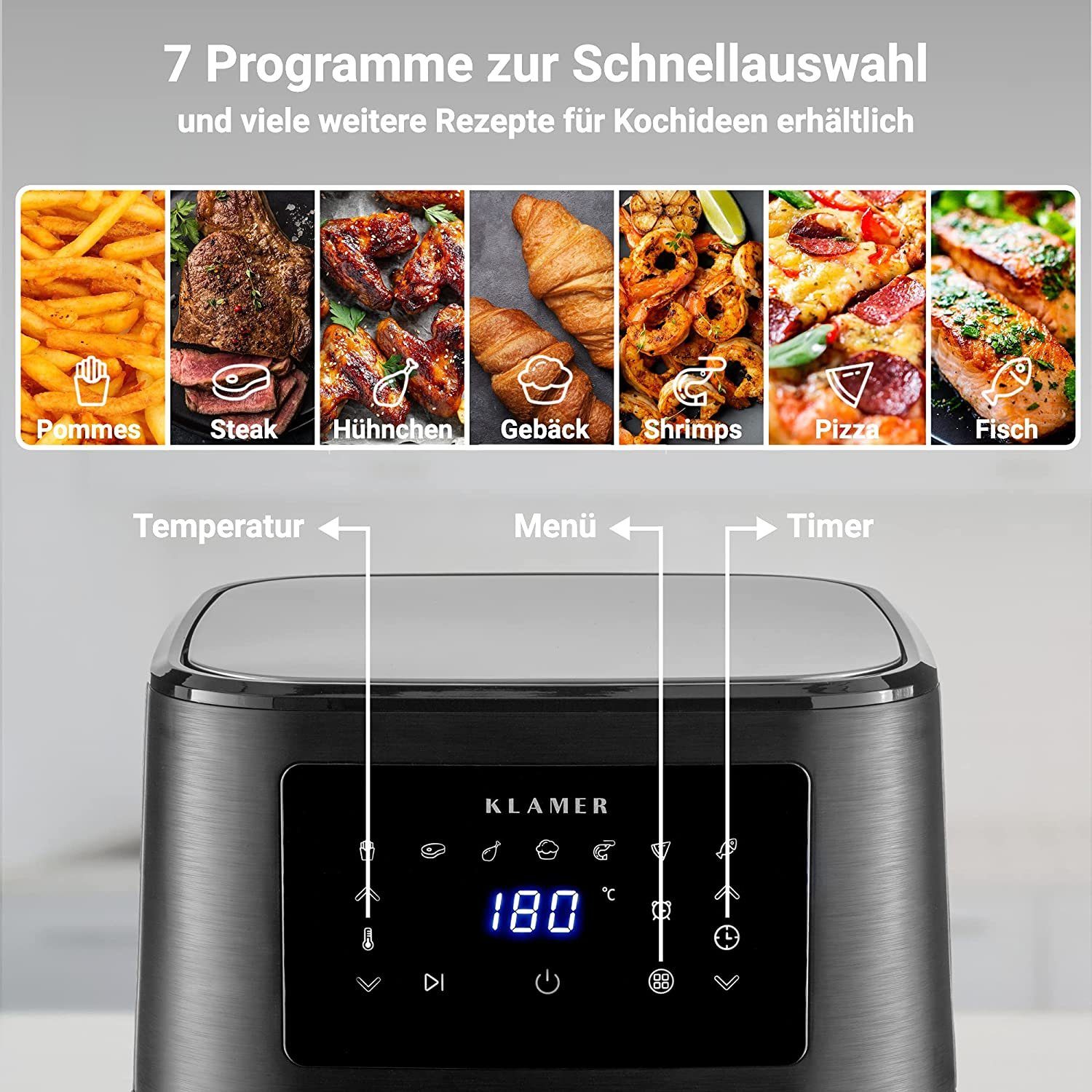 KLAMER Heißluftfritteuse KLAMER Heißluftfritteuse XL 5,5l, Multifunktionale Heissluftfritteuse…