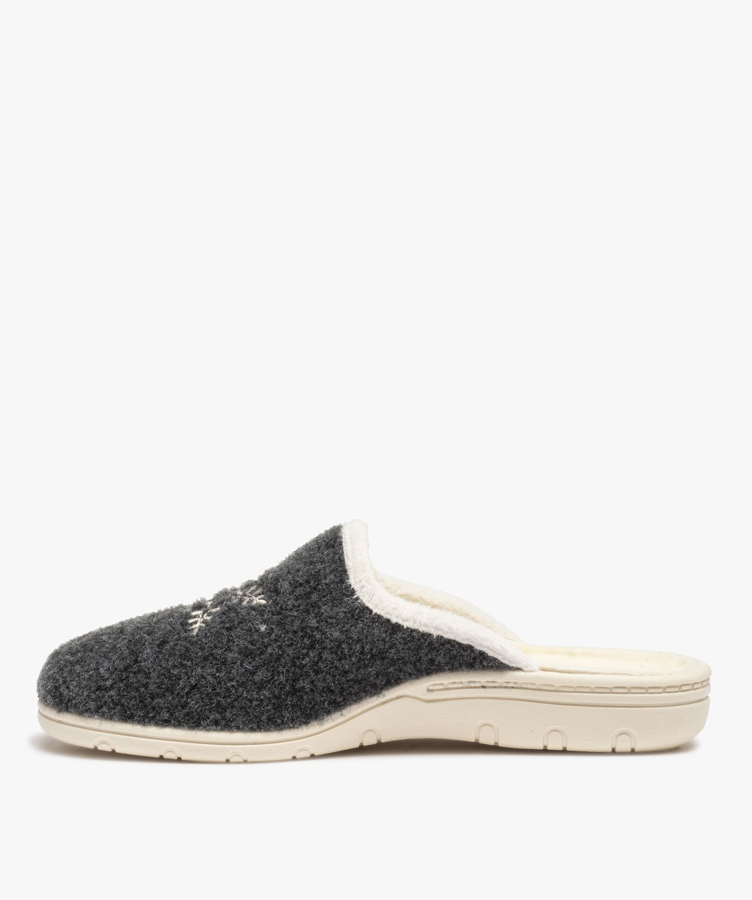 Chaussons femme confort mules en feutrine brodée flocon gris | GEMO
