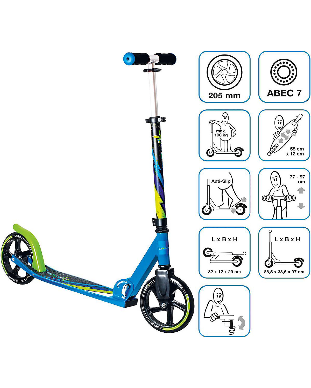 Muuwmi Aluminium Scooter 205 mm Grün-Blau-Schwarz