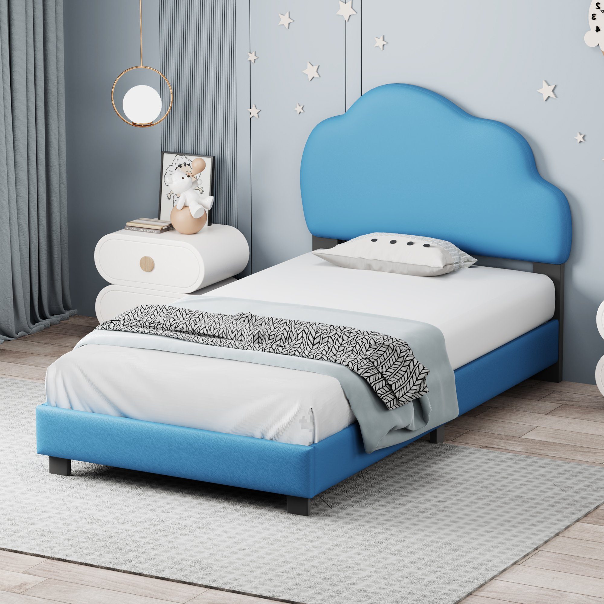 Flieks Polsterbett, Kinderbett Einzelbett mit Wolkenform Kopfteil 90x200cm Kunstlederbezug