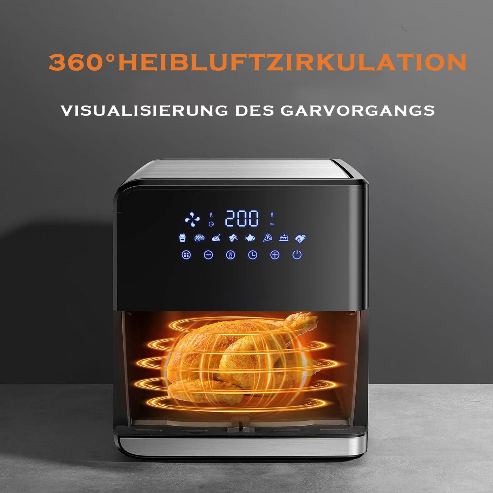 Sinaopus Heißluftfritteuse 7,5L XXL Air fryer, Ohne Öl Heizluft Fritteuse LED Touchscreen, 1700,00 W, Einstellbare Temperaturregelung, Sichtbares Sichtfenster