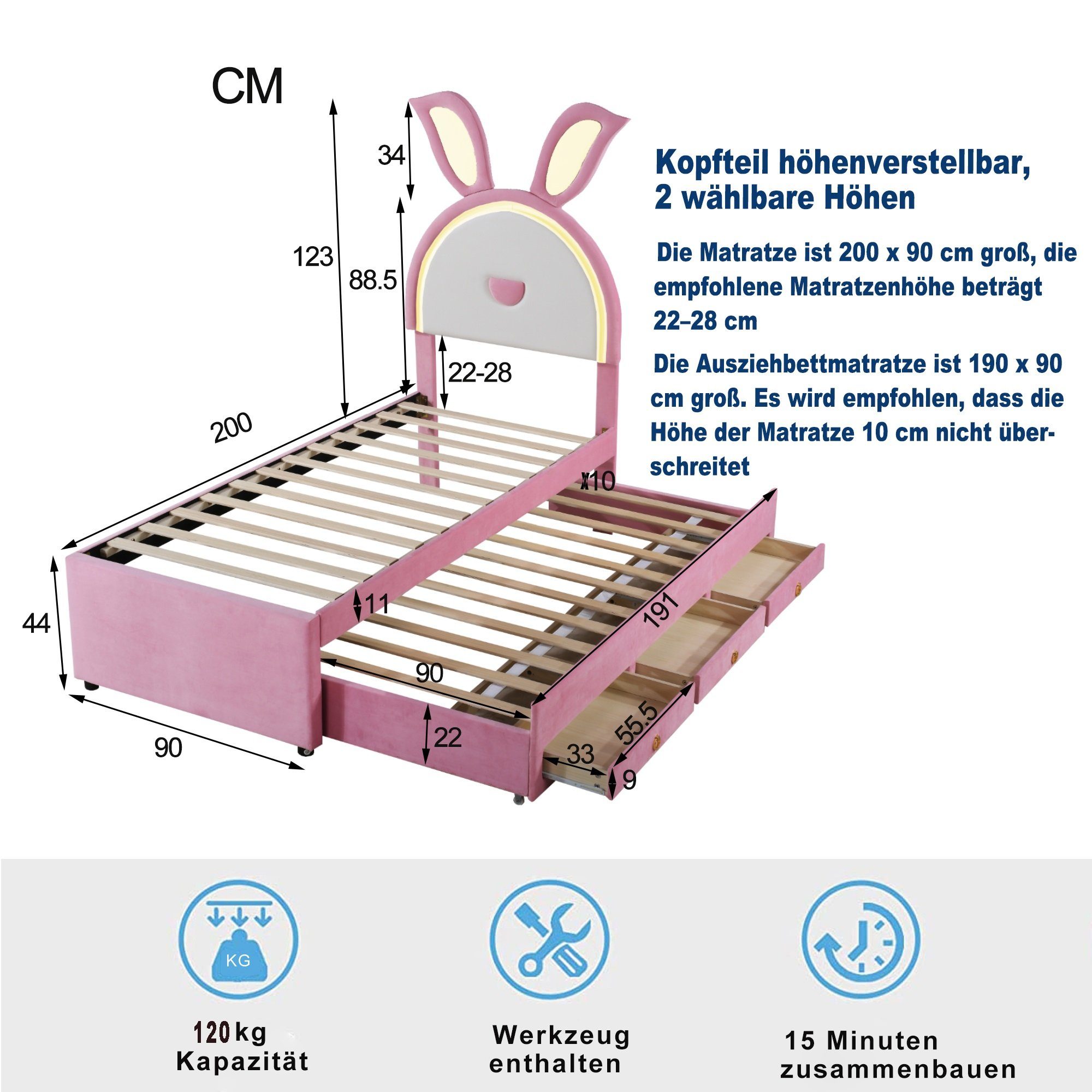 OKWISH Kinderbett Stauraumbett Gästebett Bett Polsterbett (Samtstoff Multifunktionales gepolstertes Einzelbett-Schlafsofa, mit ausziehbarem Bett, Stauraumschublade und farbwechselndem LED-Licht), ohne Matratze, 90 x 200 cm