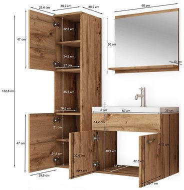 welltime Badmöbel-Set Lorca, Set L Lorca 60cm Waschbecken Unterschrank Hochschrank Waschtisch