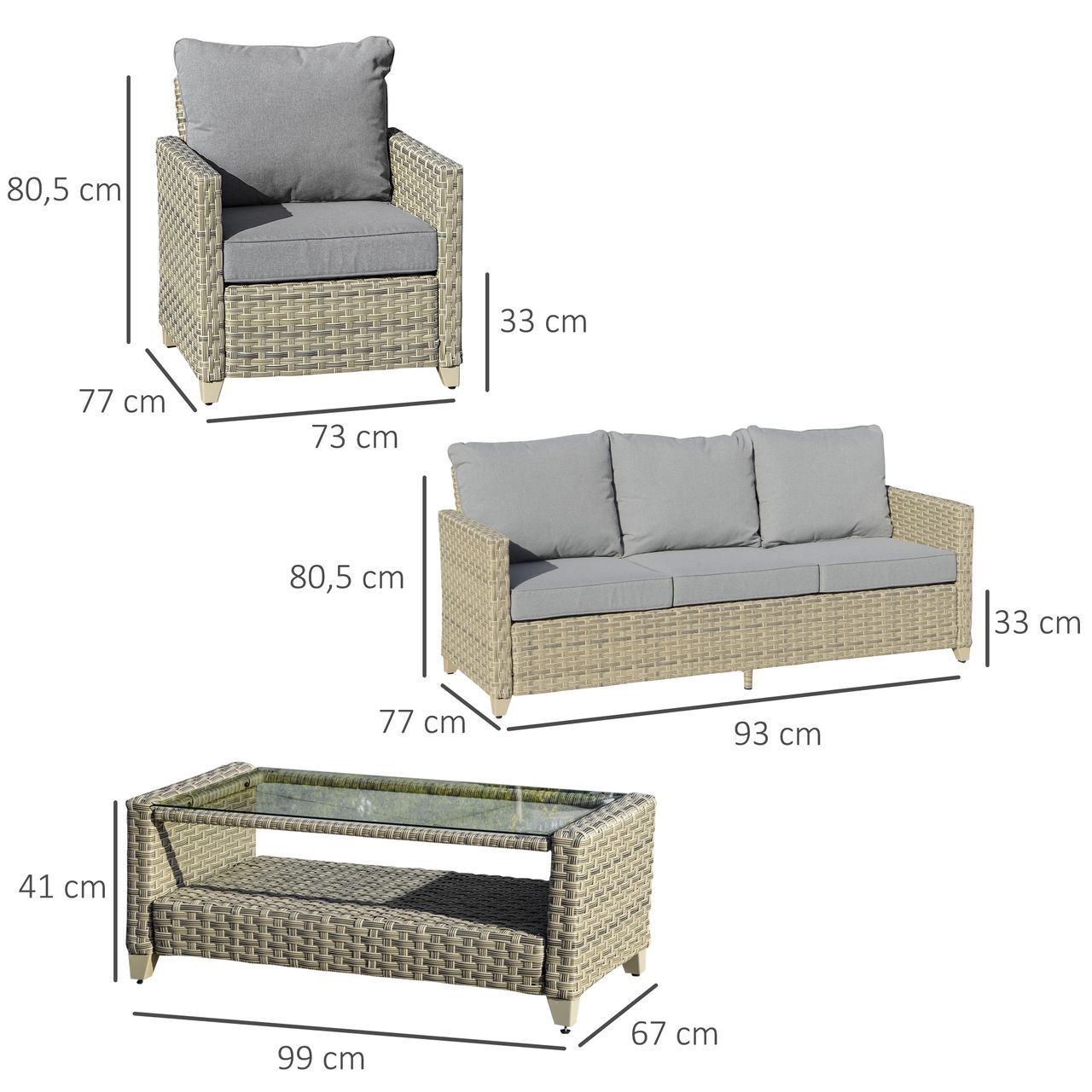 Outsunny 4-tlg. Polyrattan Gartenmöbel Set Sitzgruppe mit Couchtisch Alu Braun