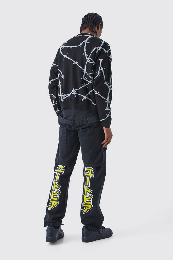 Kastiger Oversize Strickpullover mit Stacheldraht-Print