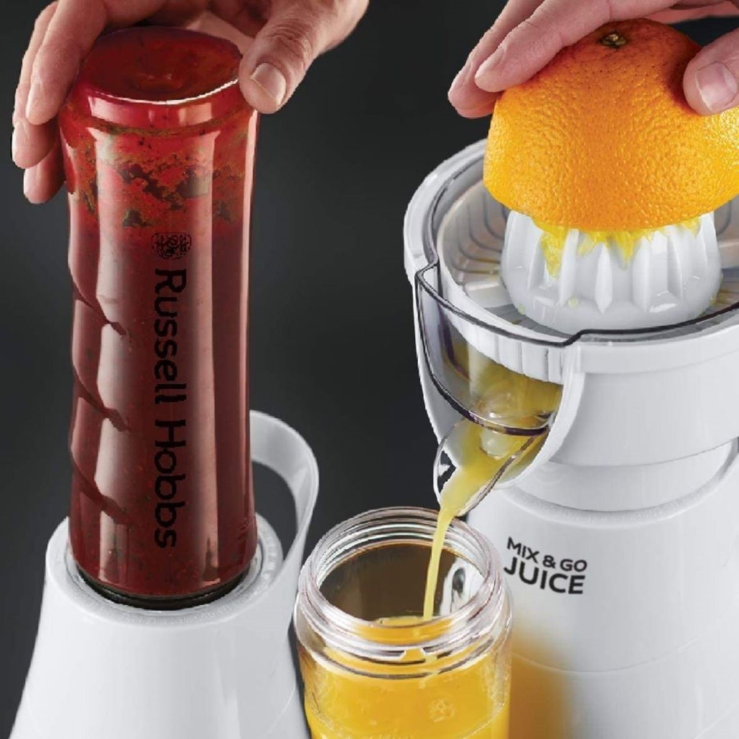 RUSSELL HOBBS Smoothie-Maker 2in1 Smoothie Maker Explore Mix&Go Juice, BPA Frei, spülmaschinengeeigneter Kunststoffbehälter, mit Trinköffnung