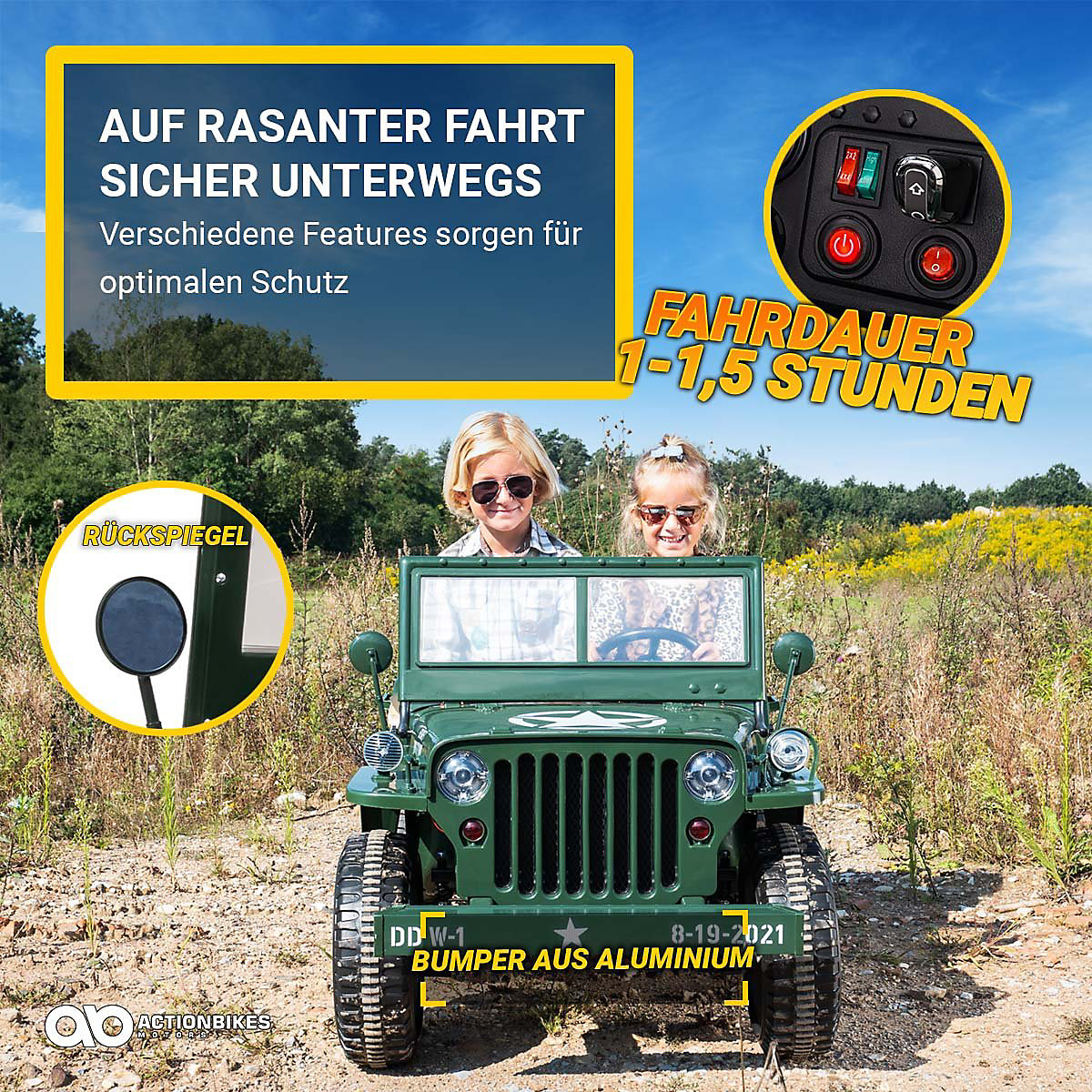Kinder Elektroauto Jeep Willys - 4x45 Watt - Kinderauto mit Fernbedienung - Soundmodul grün