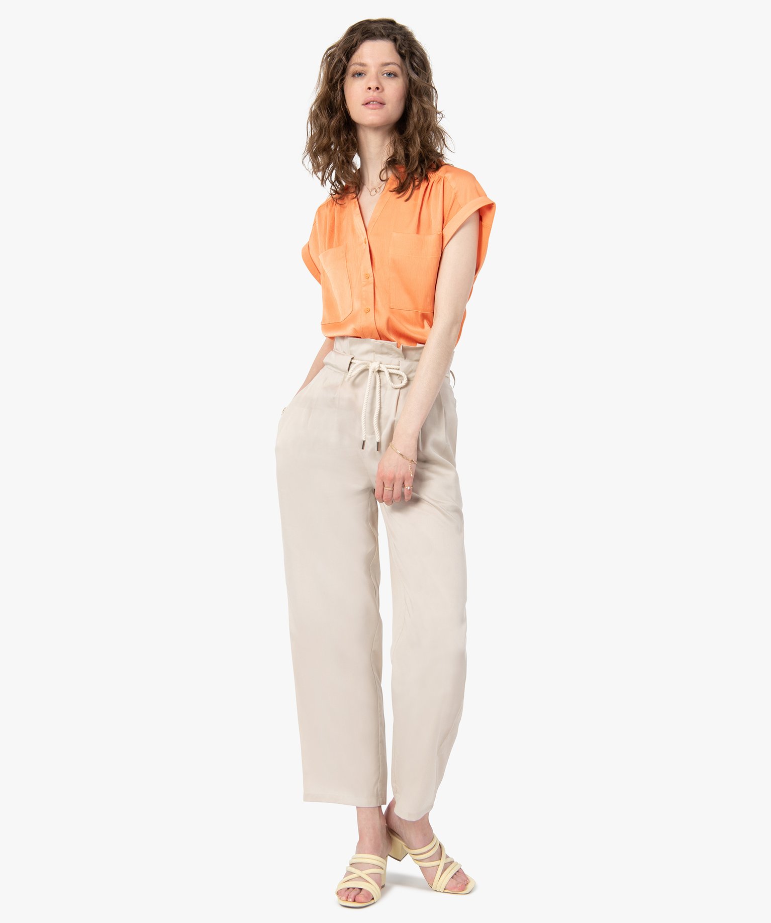 Chemise femme à manches courtes en matière satinée orange | GEMO
