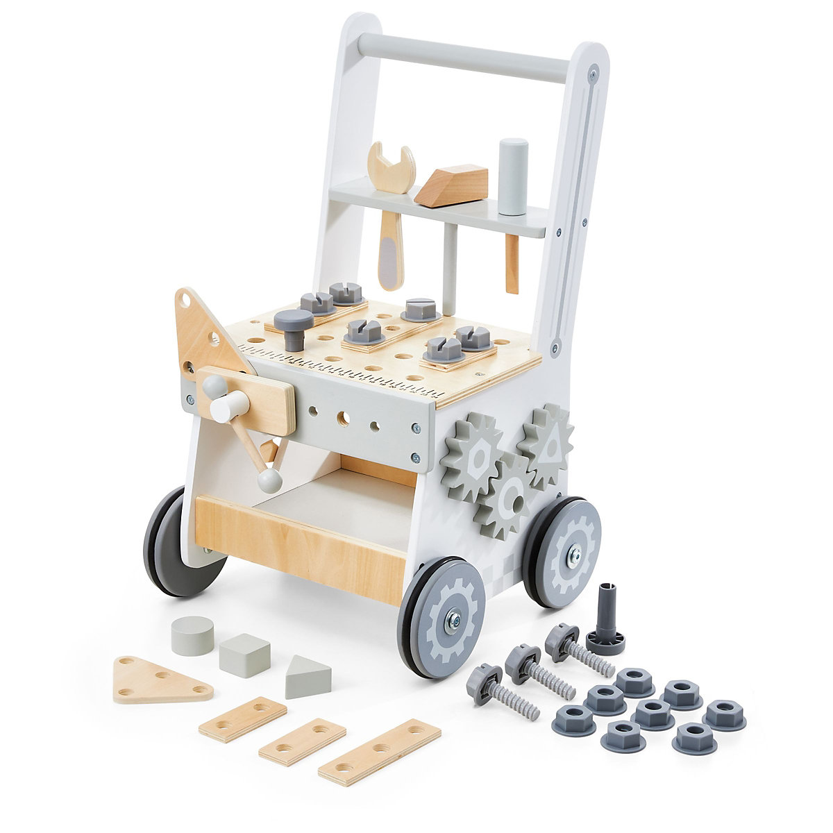 Lauflernwagen aus Holz mit Gummibereifung, Lauflernhilfe-Laufwagen für Kinder, Sortierer, Werkzeugbank für Kinder aus Holz