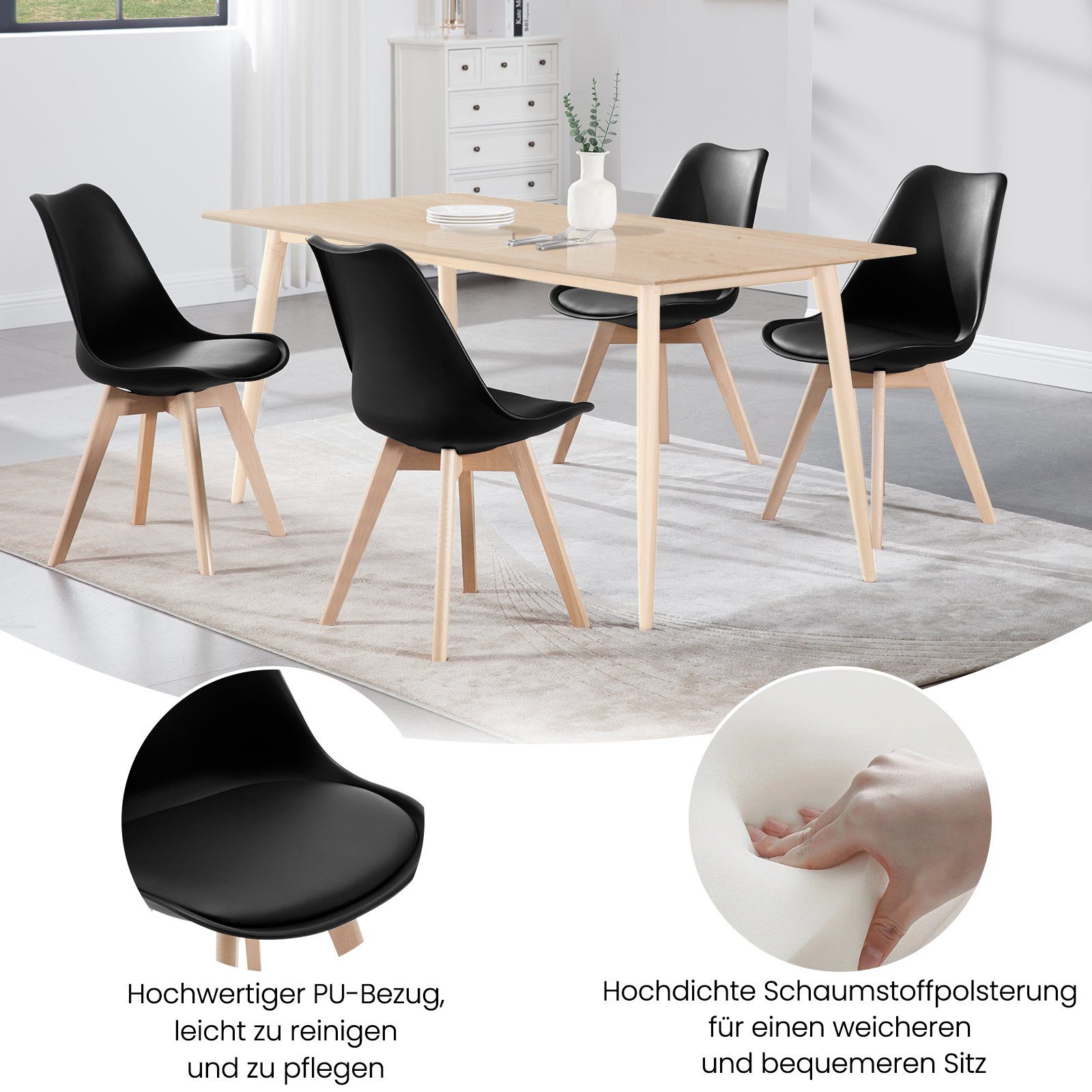 EUGAD 4-Fußstuhl (4 St), Esszimmerstühle Design, mit Massivholzbeinen, gepolstert, Kunstleder