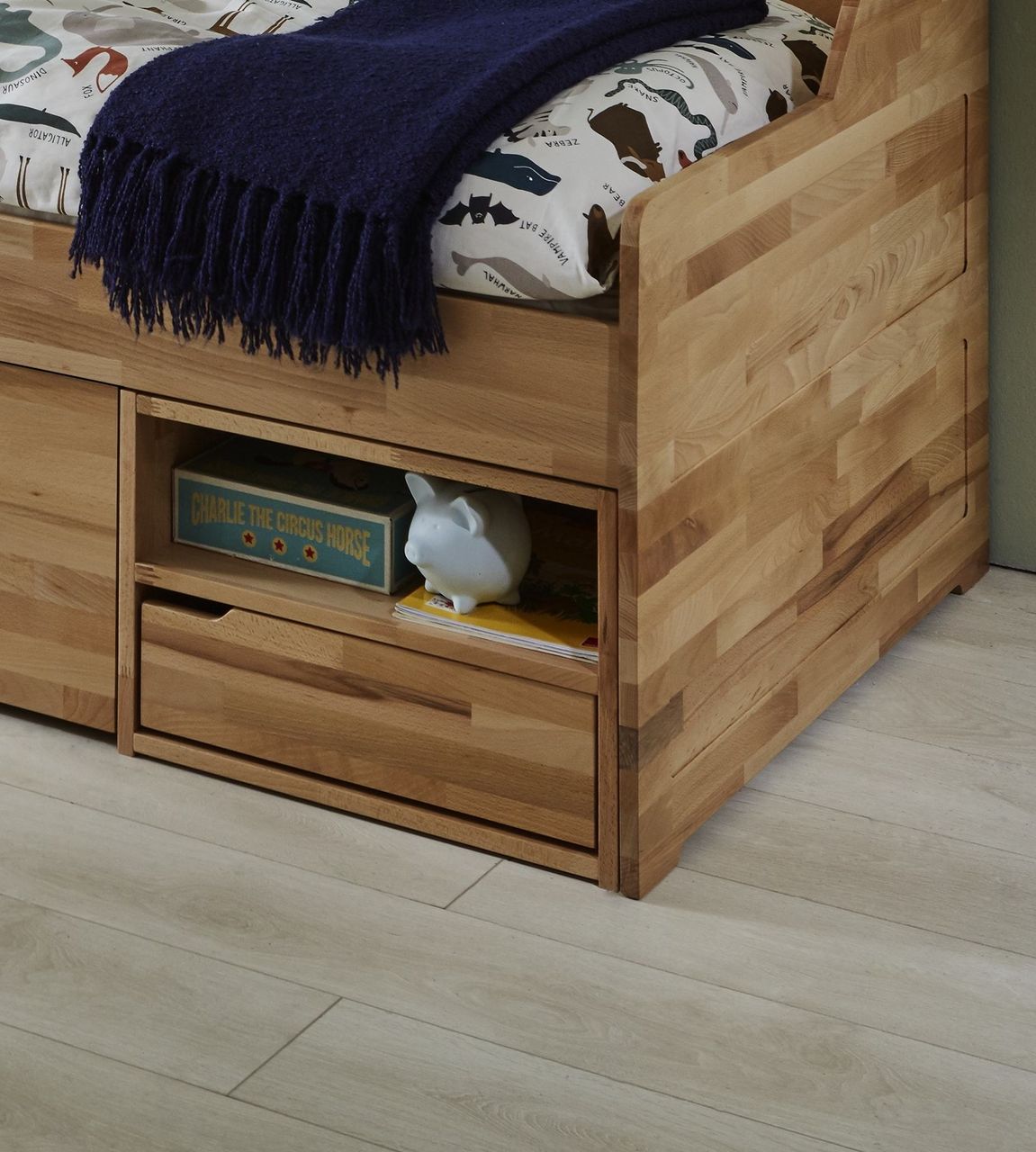 Relita RELITA - Kojenbett LEVI 90x200 Buche massiv natur lackiert, inkl. Rollrost, 3 Schubladen, 2 Fächer