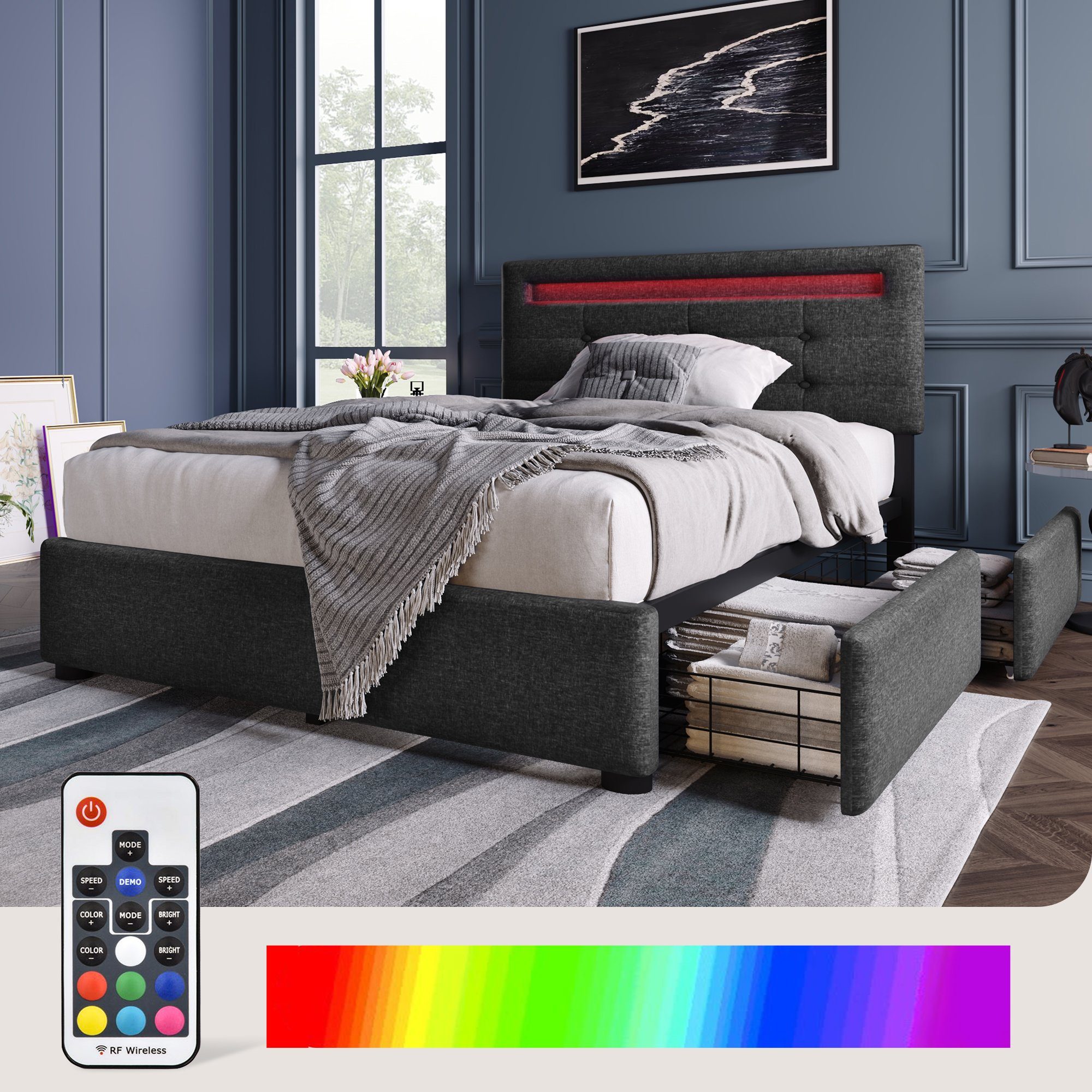 REDOM Polsterbett Polsterbett Einzelbett Doppelbett Bett Funktionsbett mit Schubladen (ohne Matratze/mit Matratze), aus Massivholz, 90×200cm/140×200cm