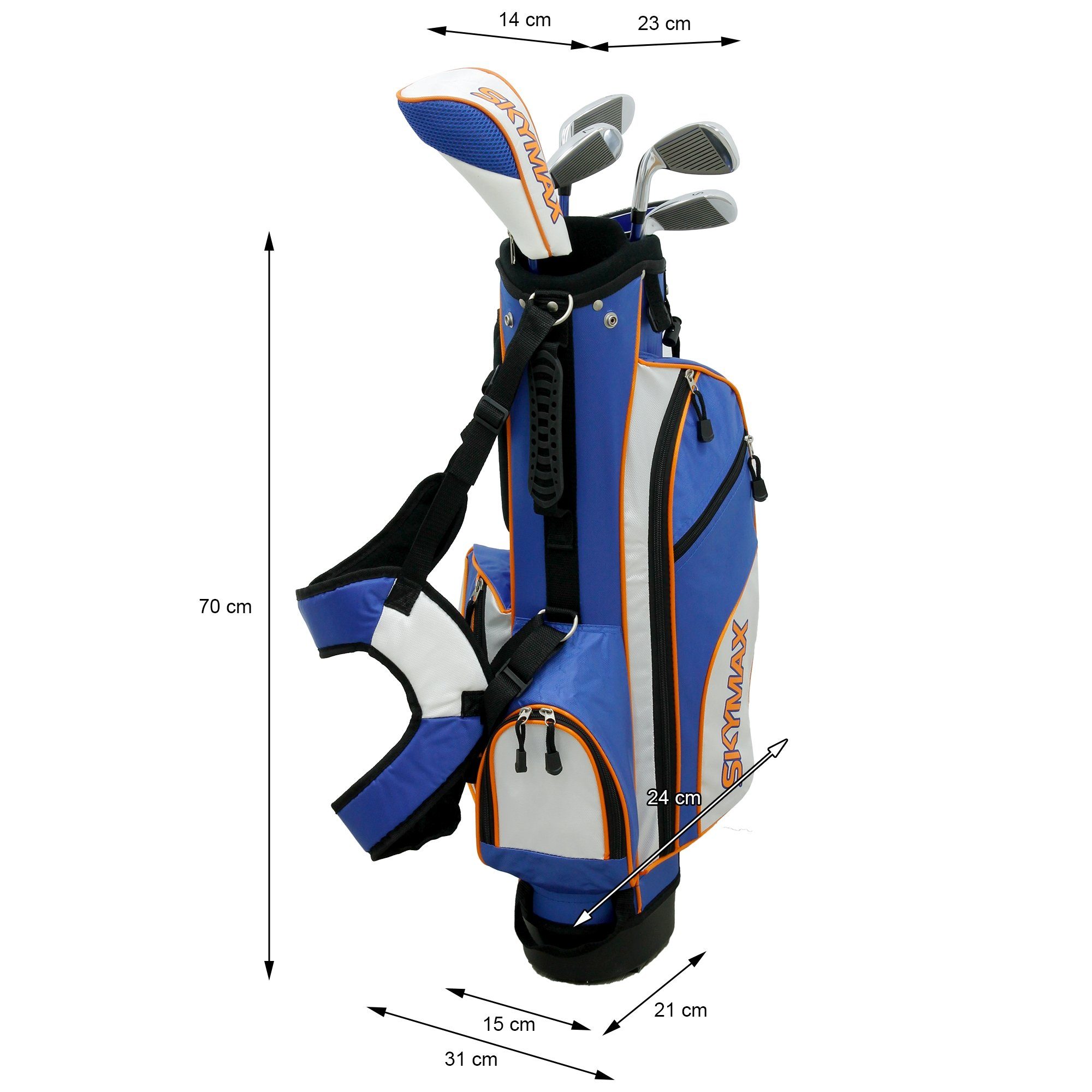 ECD Germany Golftrolley Skymax Junior Set Golftasche Golf Caddybag Kinderset Golfbag Standbag, Für 6 Golfschlägern Blau-Weiß 6-9 RH mit 4 Fächern Regenschutzhülle