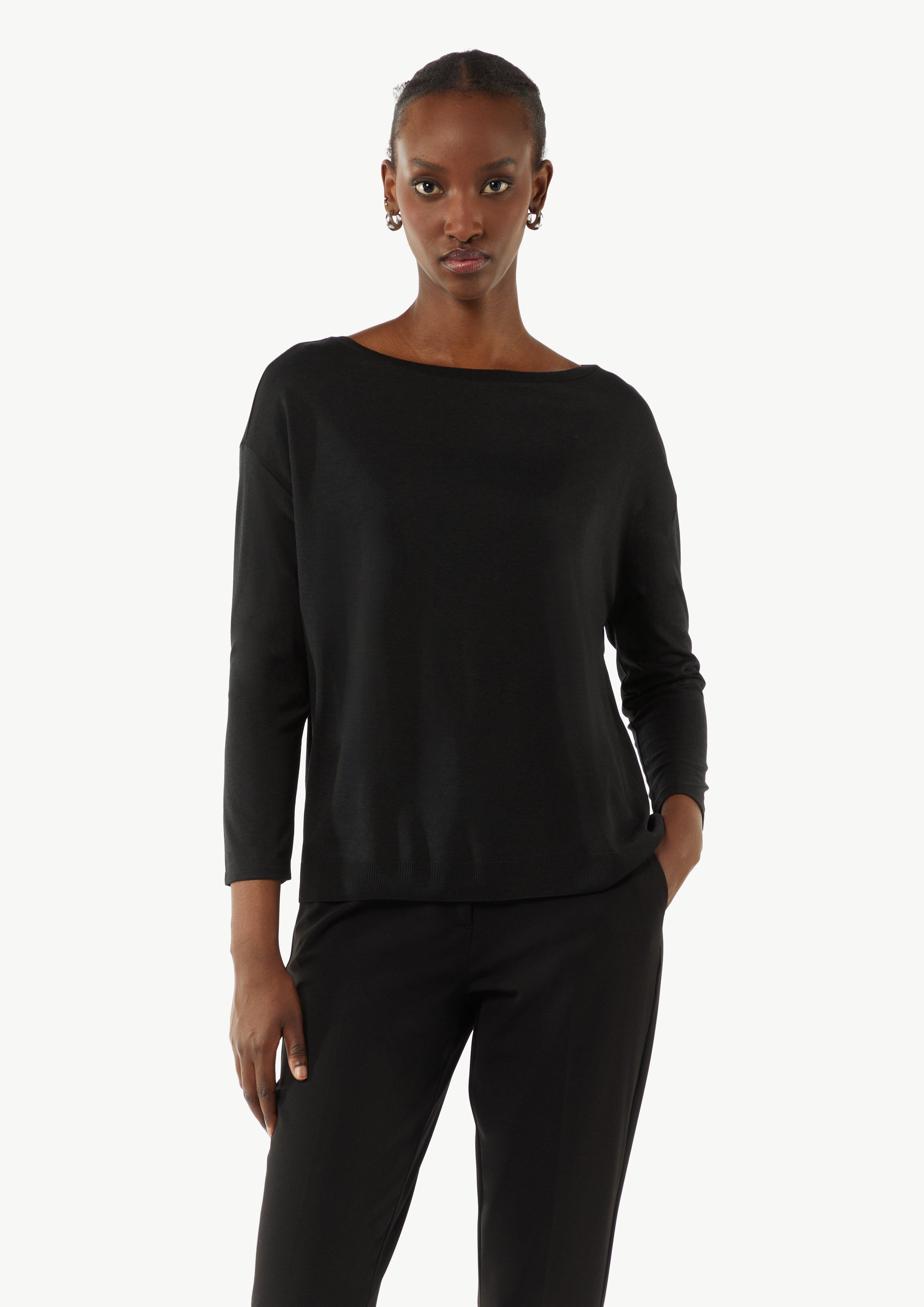 Gestrickter Longsleeve aus Lyocellmix mit U-Boot-Ausschnitt - schwarz