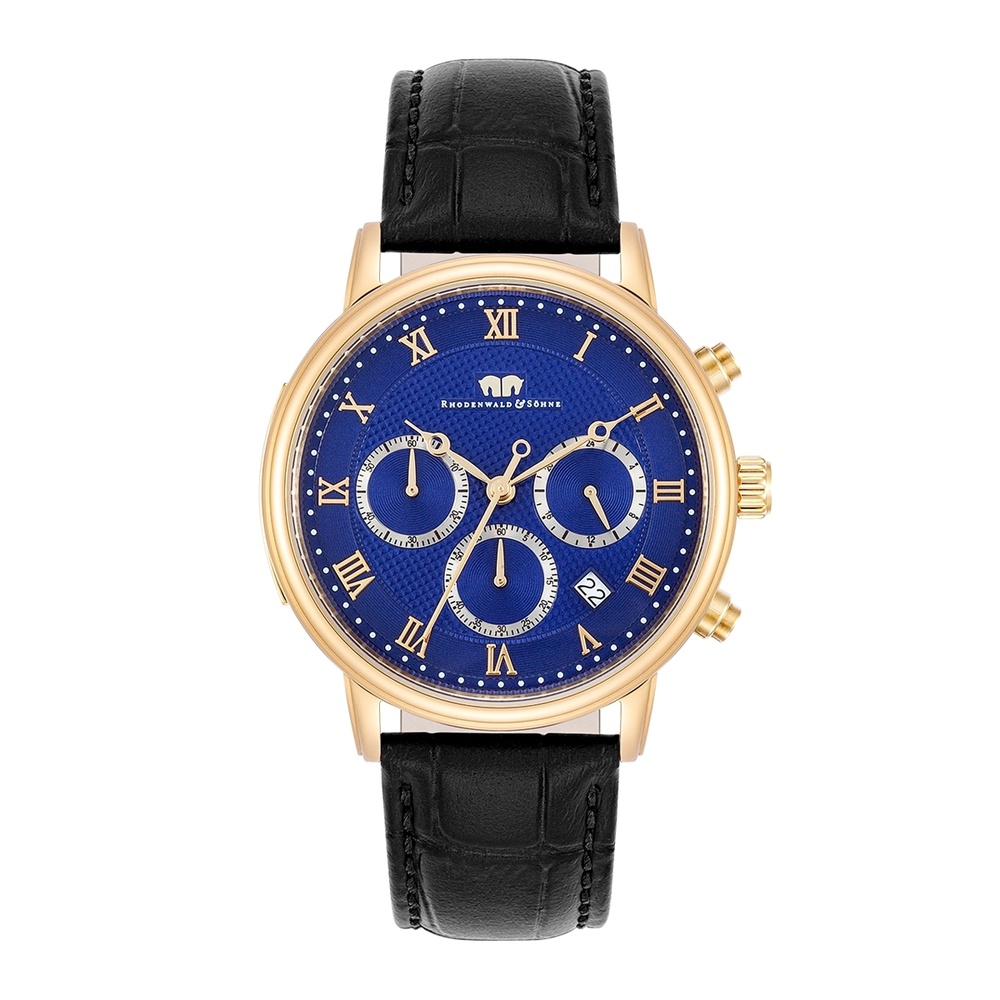 Rhodenwald & Söhne Chronographe Moonlight en Or jaune Cuir véritable en Noir Montre